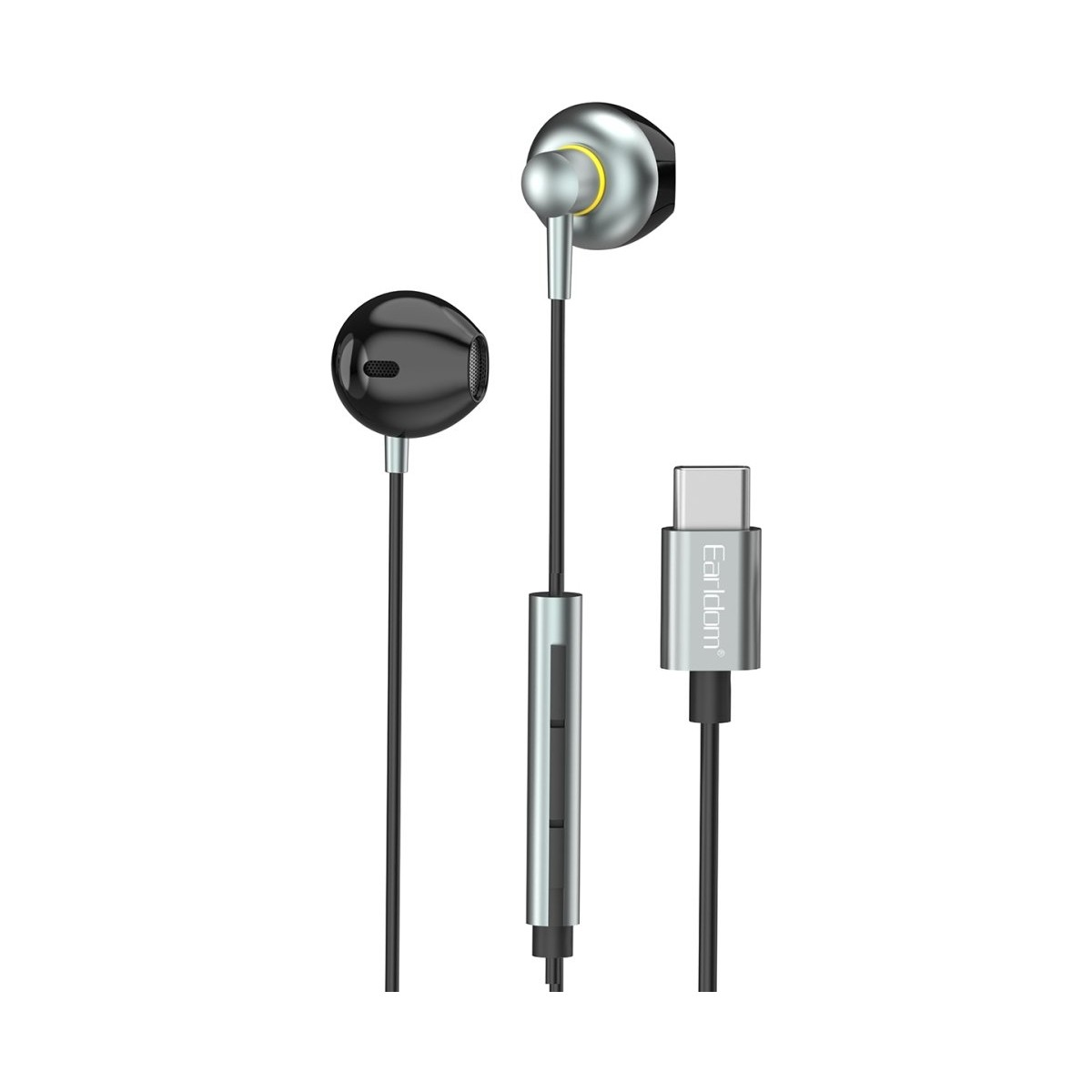 USB-C konnektörlü siyah ve gümüş kulaklıklar. Beyaz arka plan.