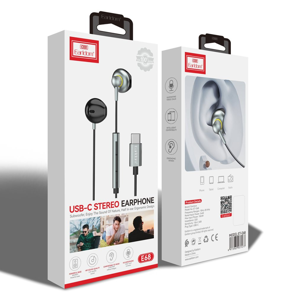 Siyah ve gümüş kulaklıkları olan Earldom USB-C stereo kulaklık ambalajı.