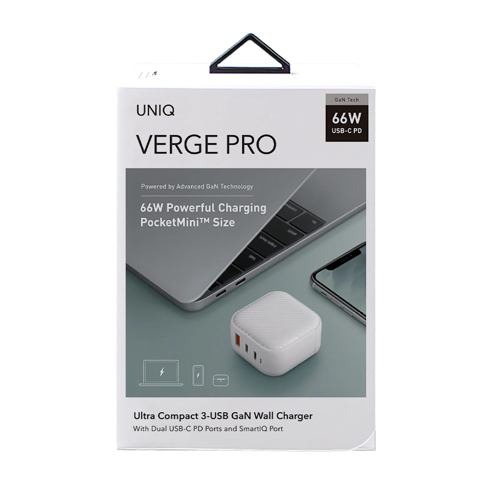 Laptop ve telefonlu beyaz UNIQ VERGE PRO 66W GaN şarj cihazı ambalajı.