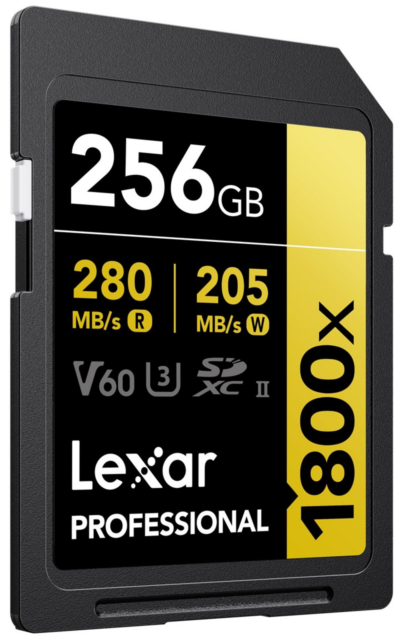 Lexar 256GB SD card: 280MB/s Read, 205MB/s Write, V60, 1800x.