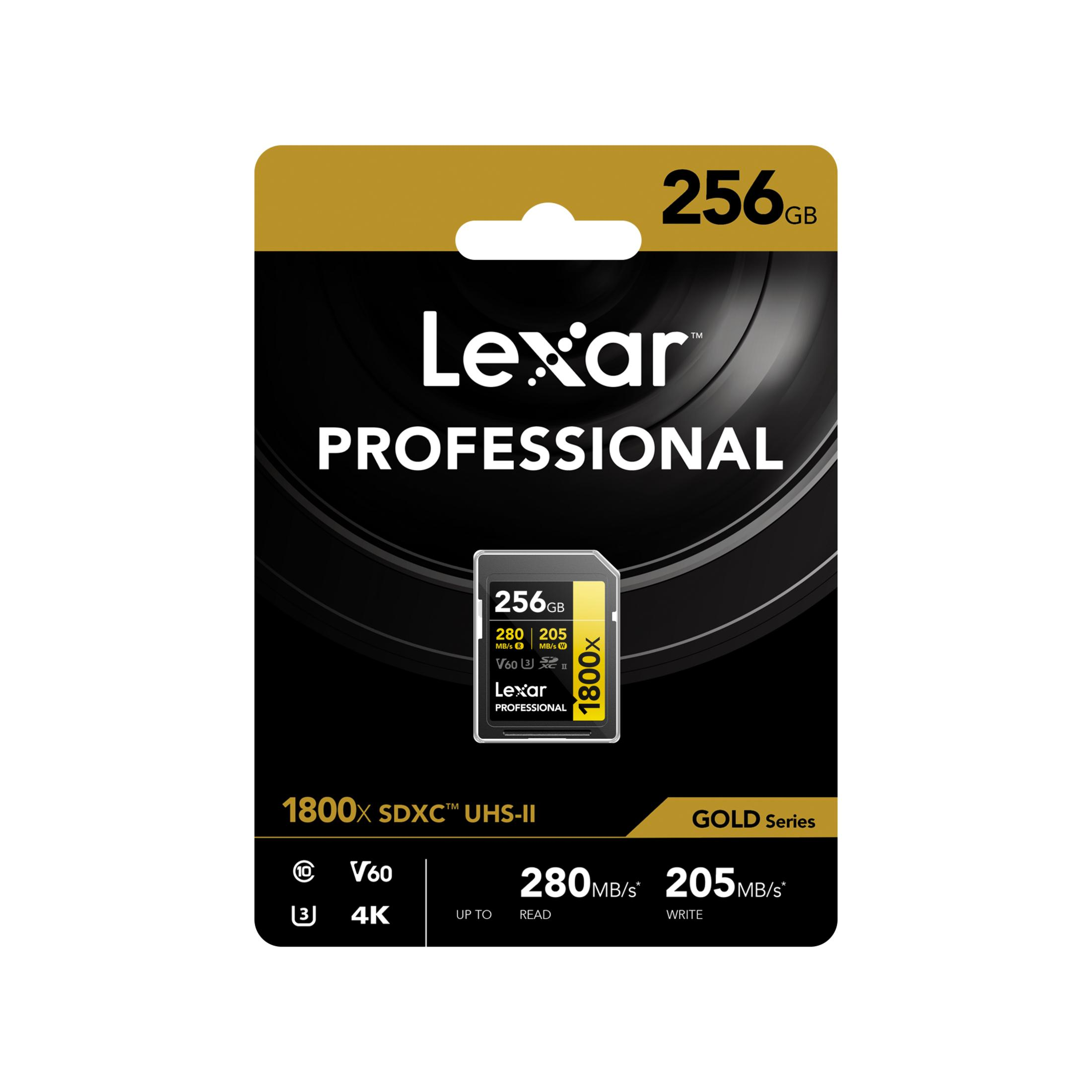 Lexar 256GB 1800x SDXC UHS-II Gold Series memory card with 280MB/s read and 205MB/s write speeds.