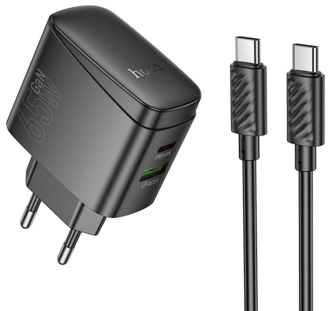 İki siyah USB-C kablolu siyah GaN 65W USB-C şarj cihazı.