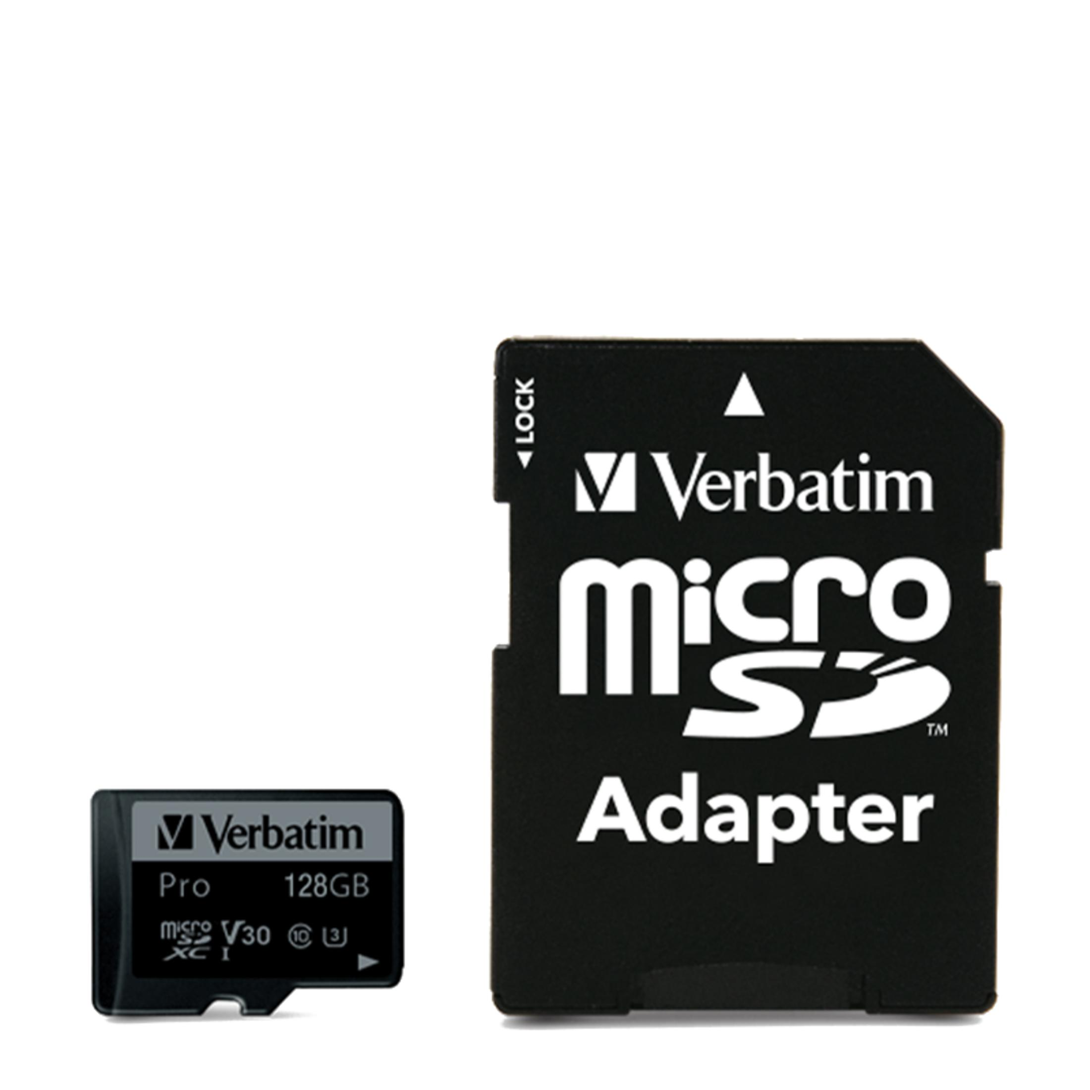 Adapter Verbatim MicroSD i karta 128 GB na białym tle.