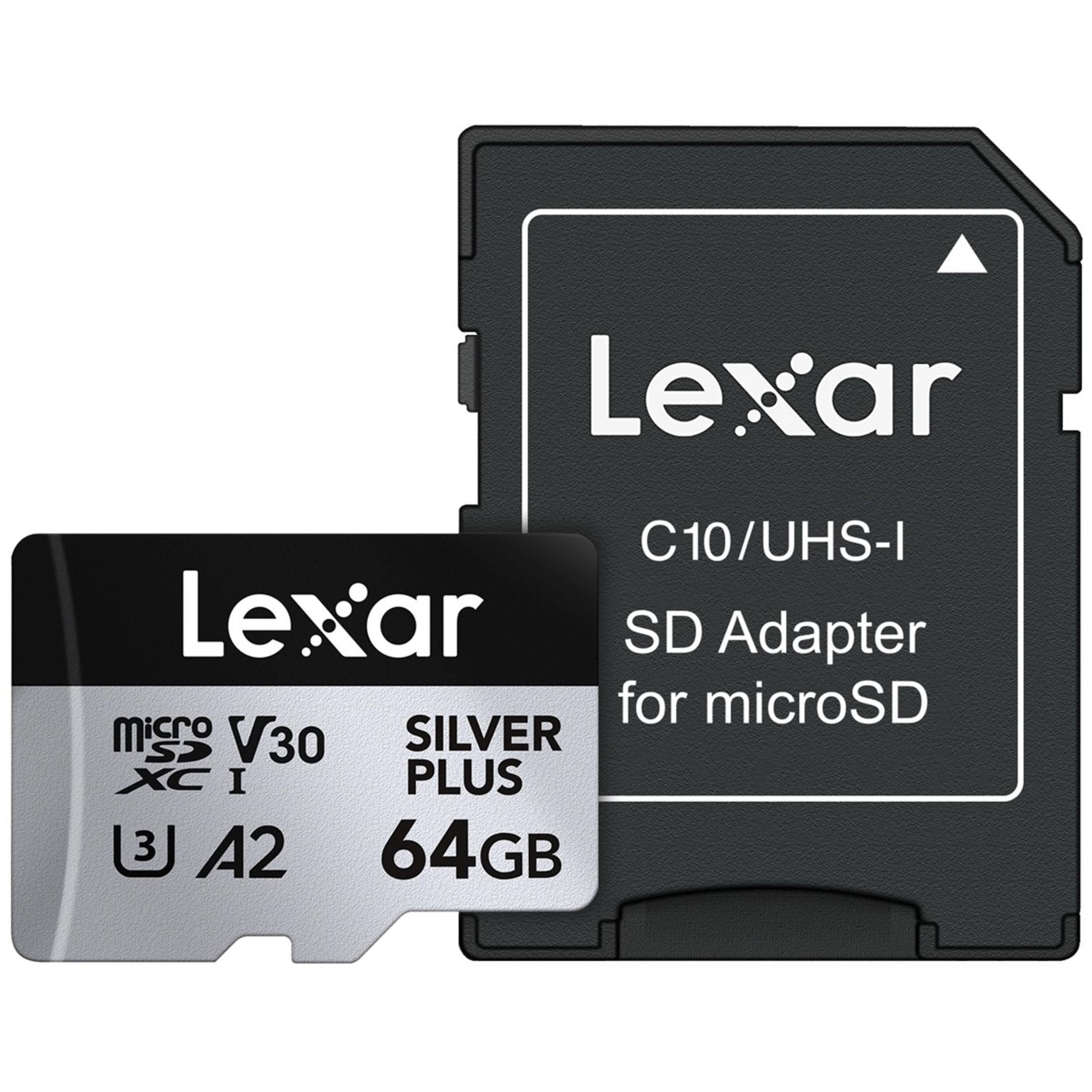 Adattatore Lexar microSDXC da 64 GB con valutazione V30, A2, colore argento.