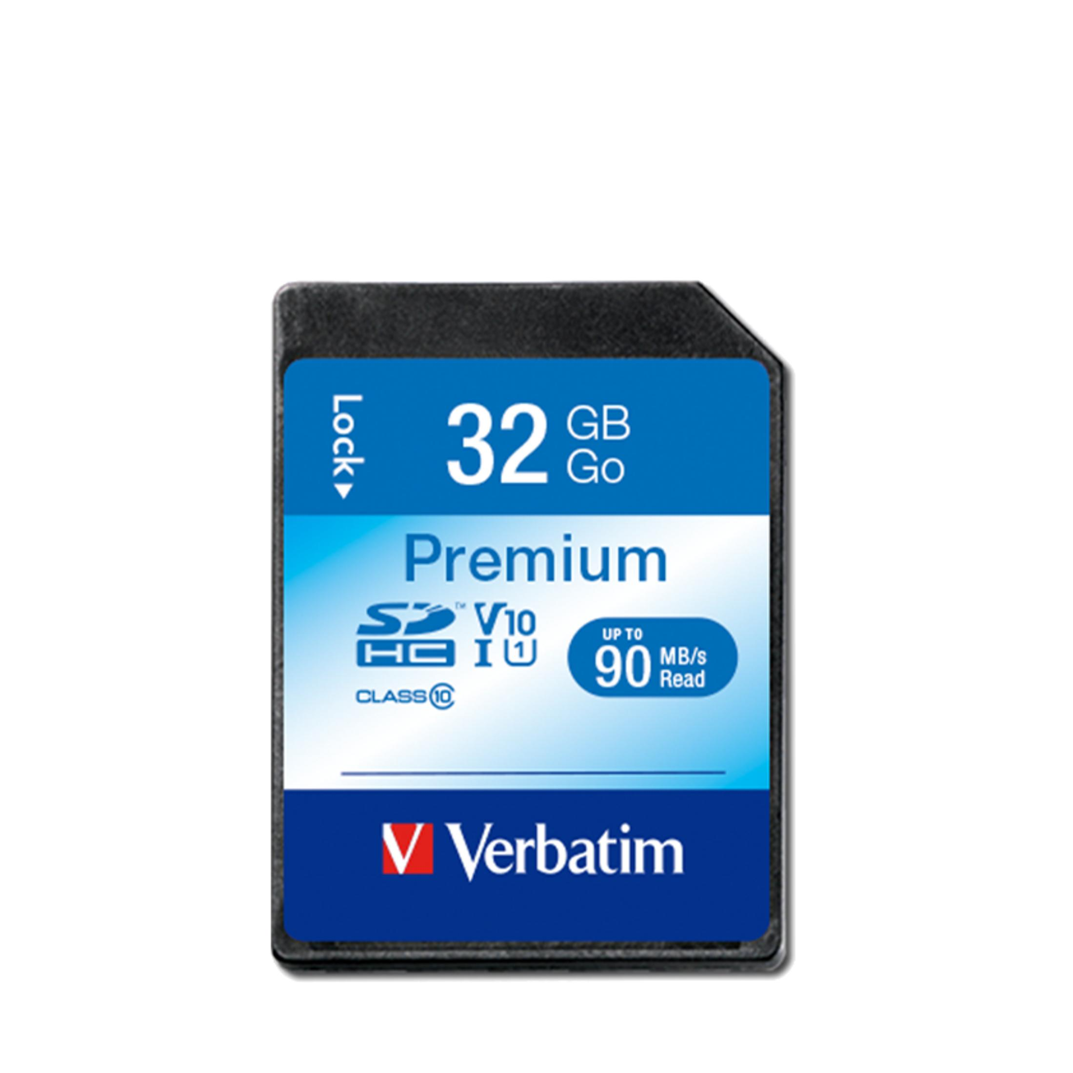 Karta Verbatim Premium SDHC 32 GB o prędkości odczytu 90 MB/s.