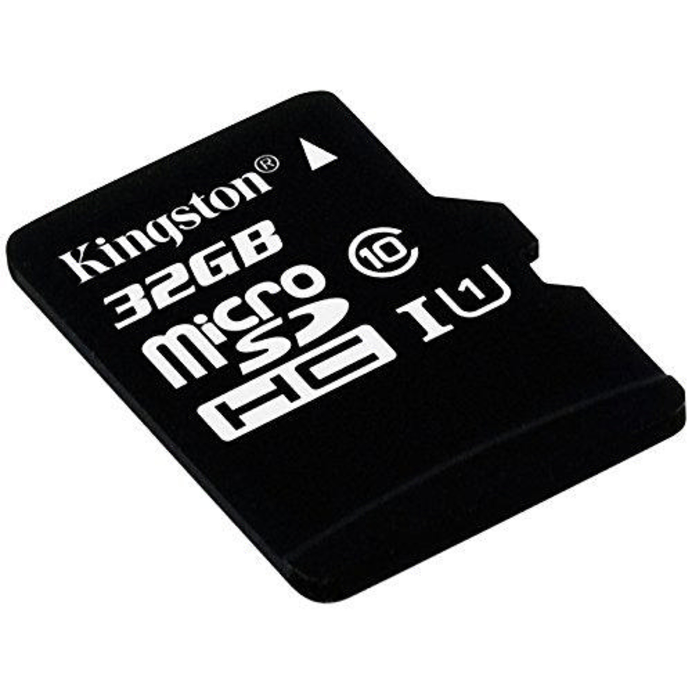 Scheda di memoria microSDHC Kingston da 32GB nera con testo bianco.