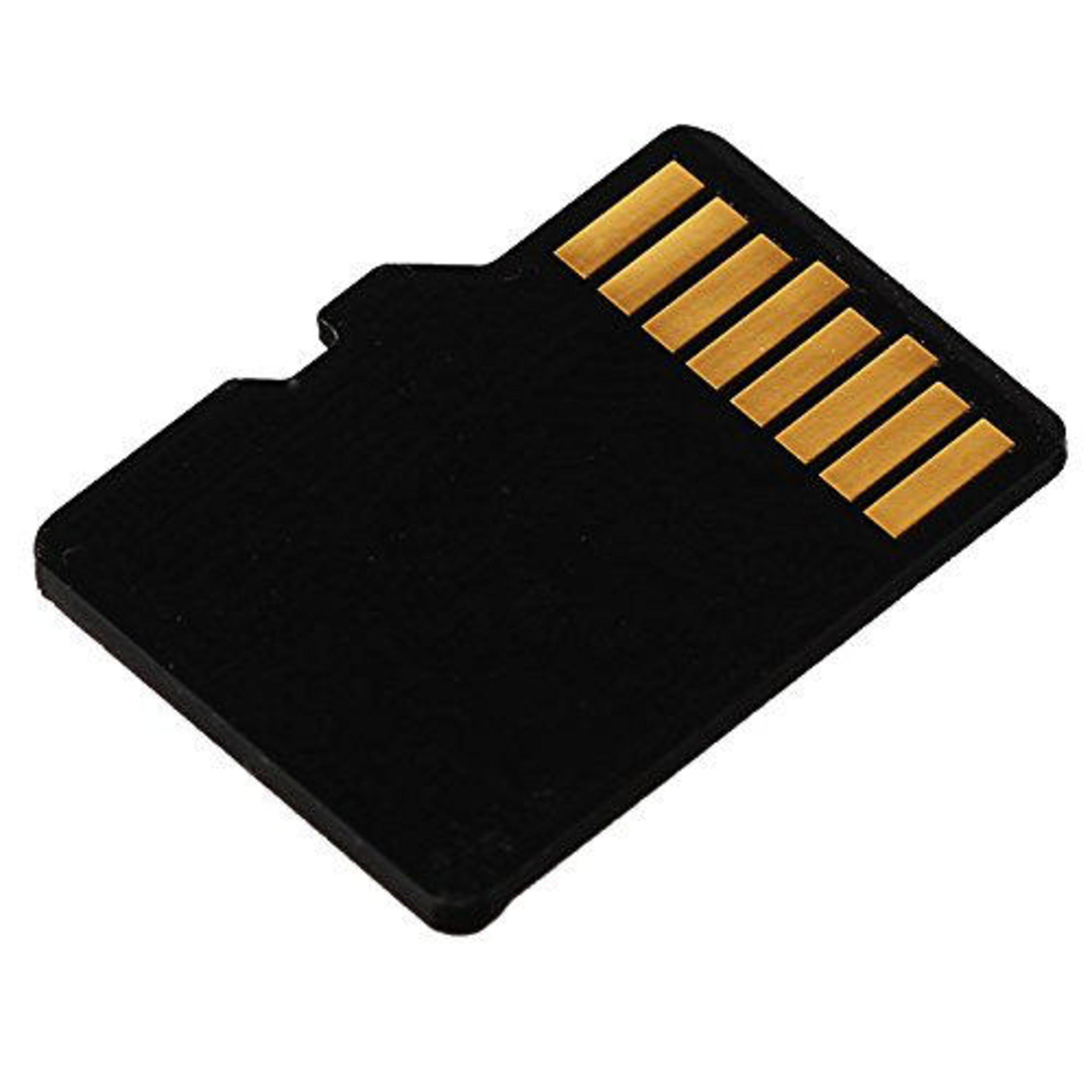 Una scheda microSD nera con contatti dorati su sfondo bianco.
