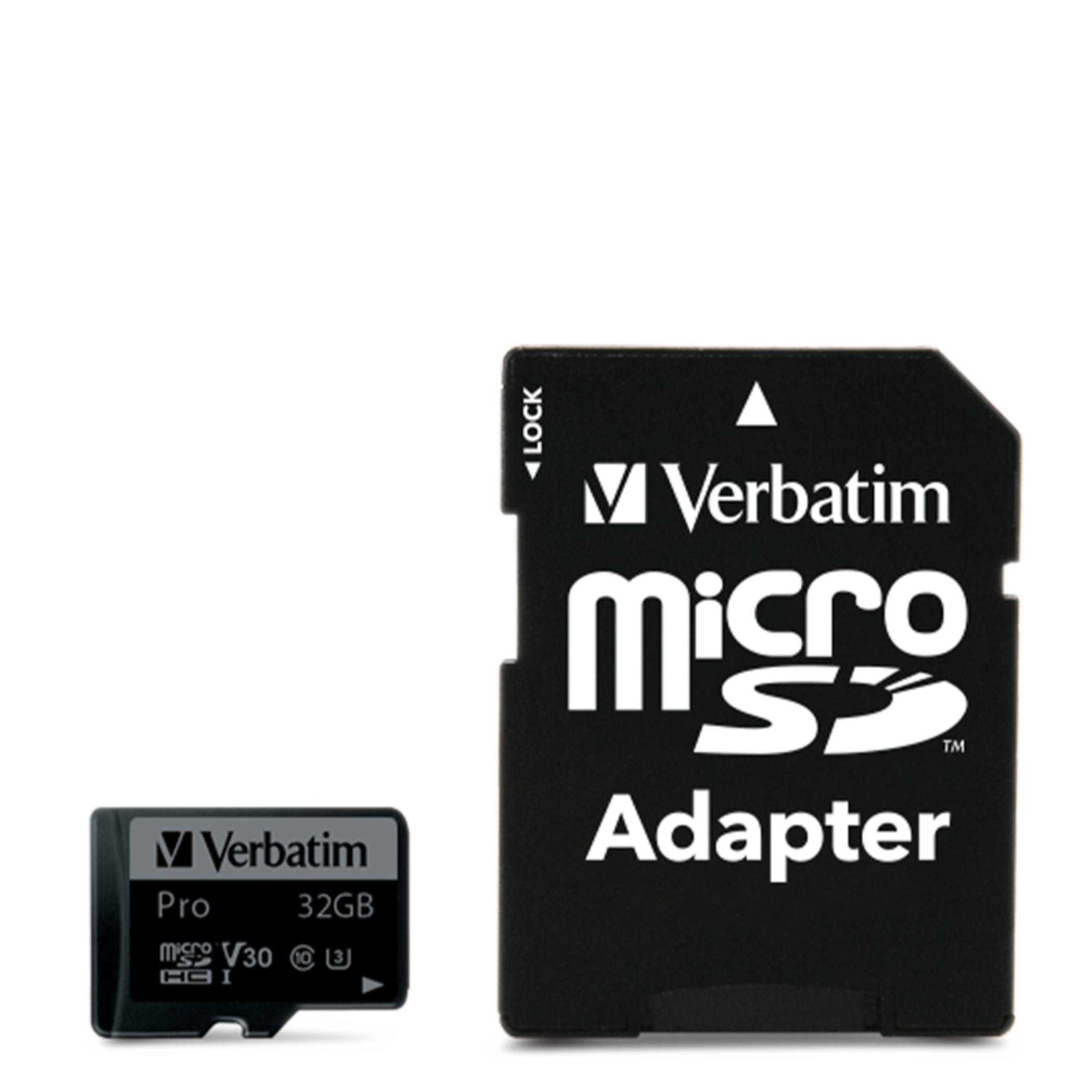 Adapter Verbatim MicroSD i karta MicroSD 32 GB leżą obok siebie.