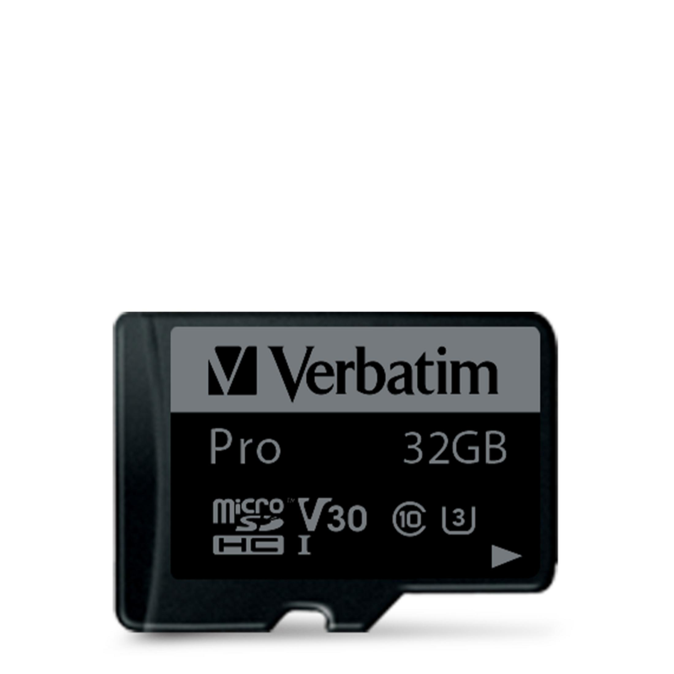 Karta pamięci Verbatim Pro 32GB microSDHC z oznaczeniami V30 i Class 10.