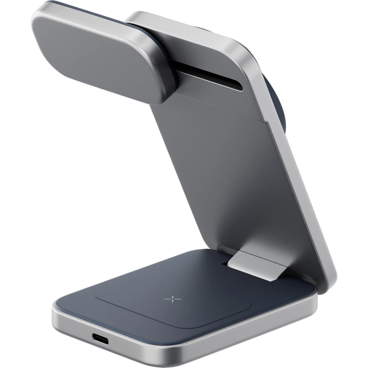 Koyu tabanlı, USB-C portlu gri katlanabilir şarj cihazı.