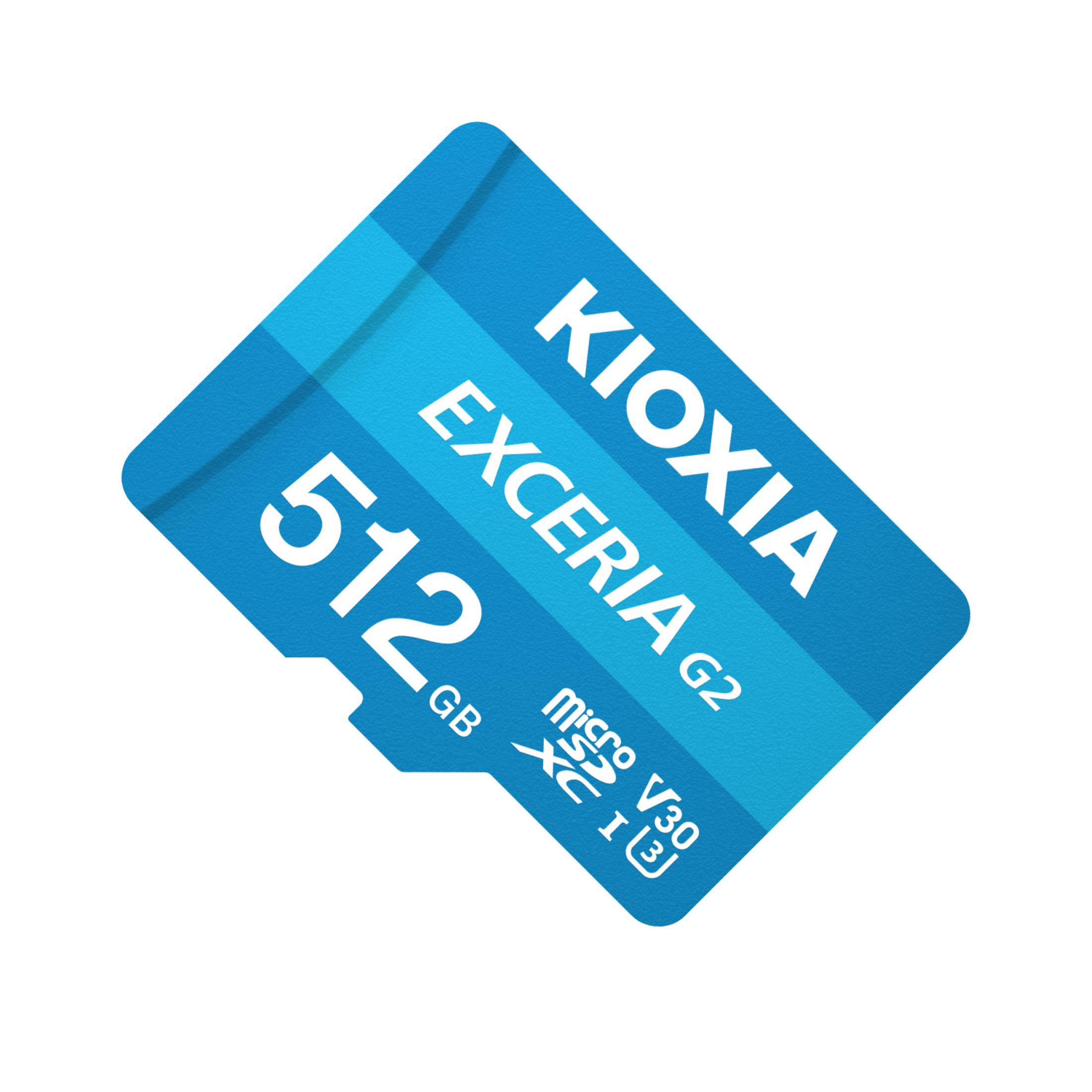 Una tarjeta de memoria microSDXC azul Kioxia Exceria G2 de 512 GB.