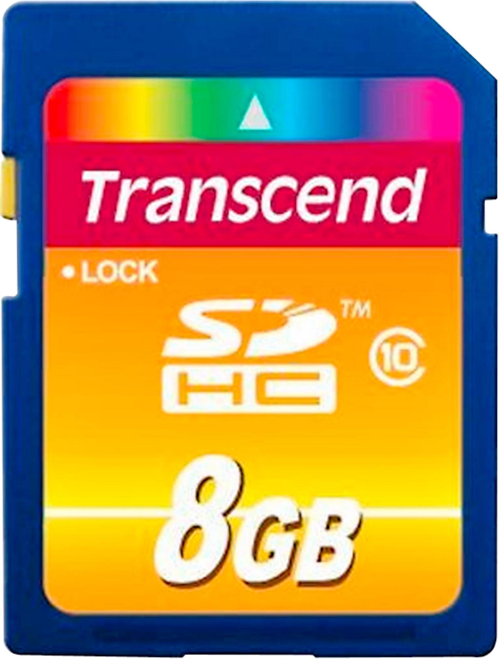 A blue SD card with Transcend branding, 8GB, SDHC, and Lock symbol.