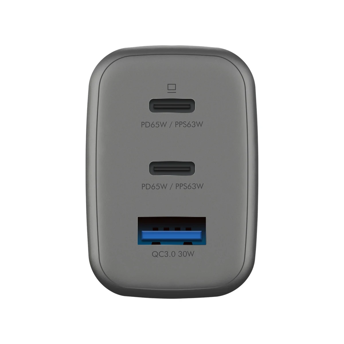 İki USB-C ve bir USB-A bağlantı noktalı gri şarj cihazı.