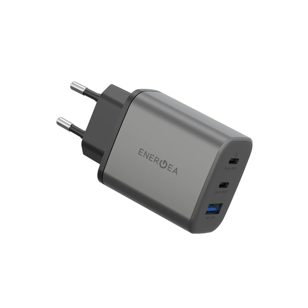 Gümüş uçlu, iki portlu gri USB şarj cihazı.