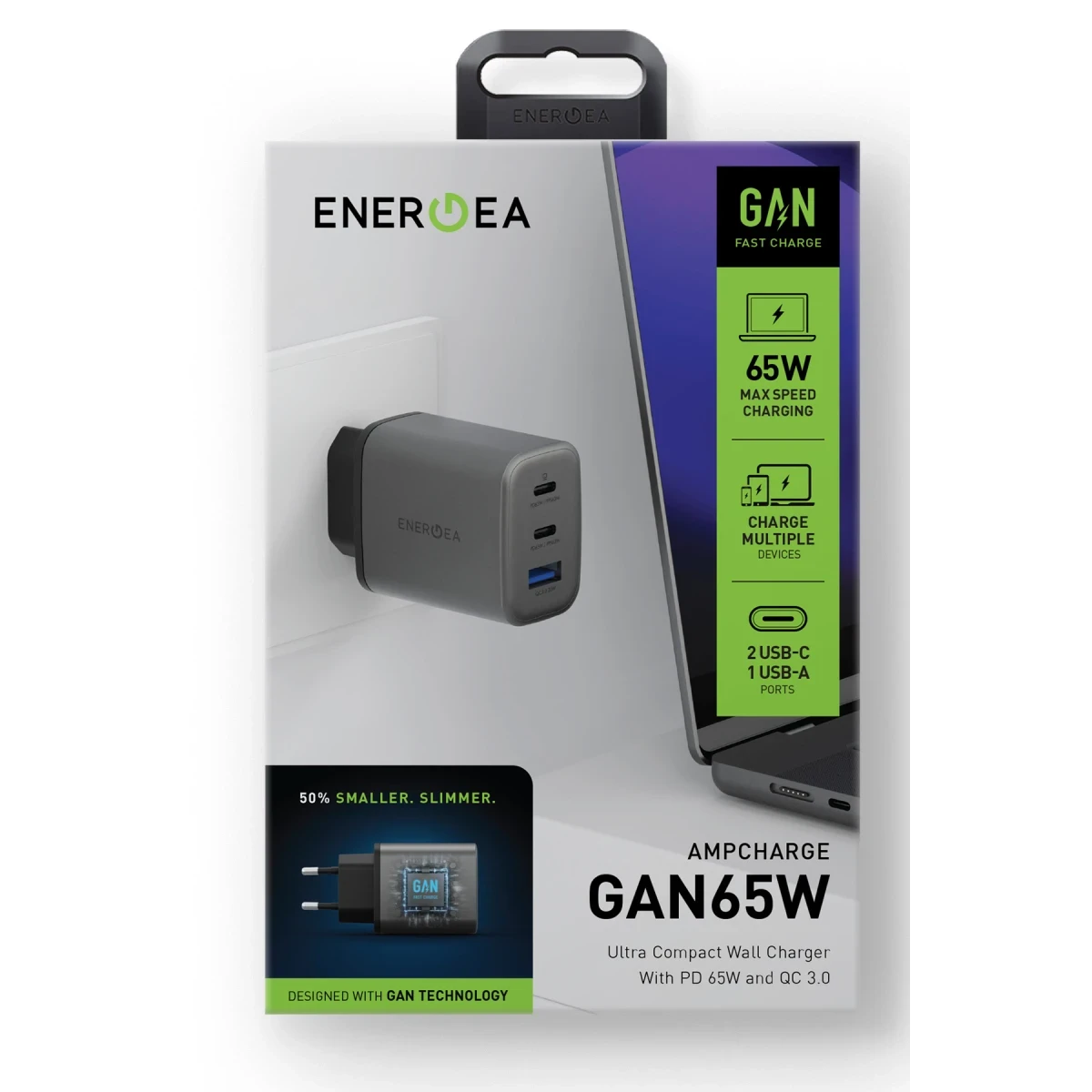 Gri GAN şarj cihazı, 2x USB-C ve 1x USB-A portlu. 65W, kompakt.