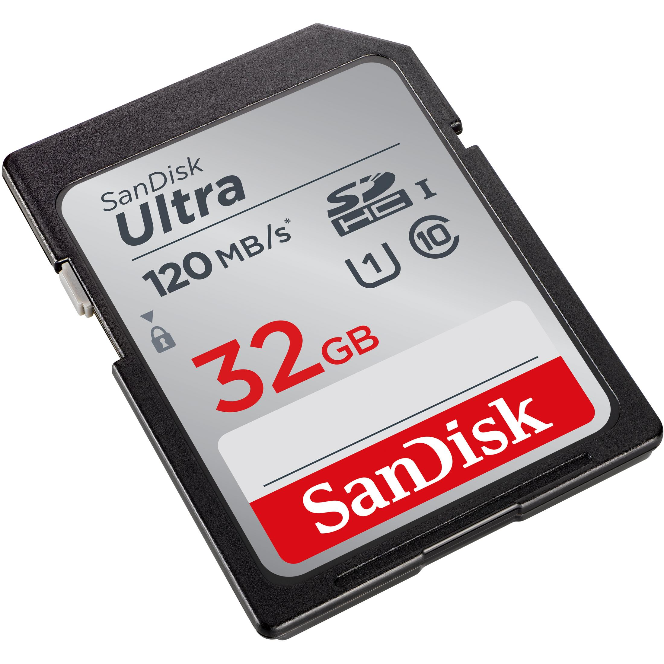 Czarna karta SD SanDisk Ultra 32GB ze srebrnym tekstem i czerwonym logo.