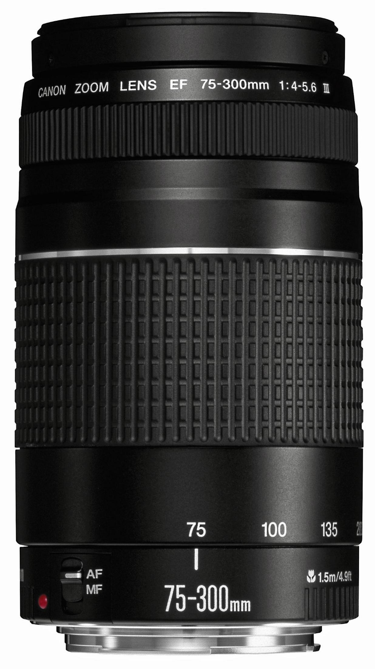 Czarny obiektyw CANON ZOOM EF 75-300mm z pierścieniami zoom i ostrości.