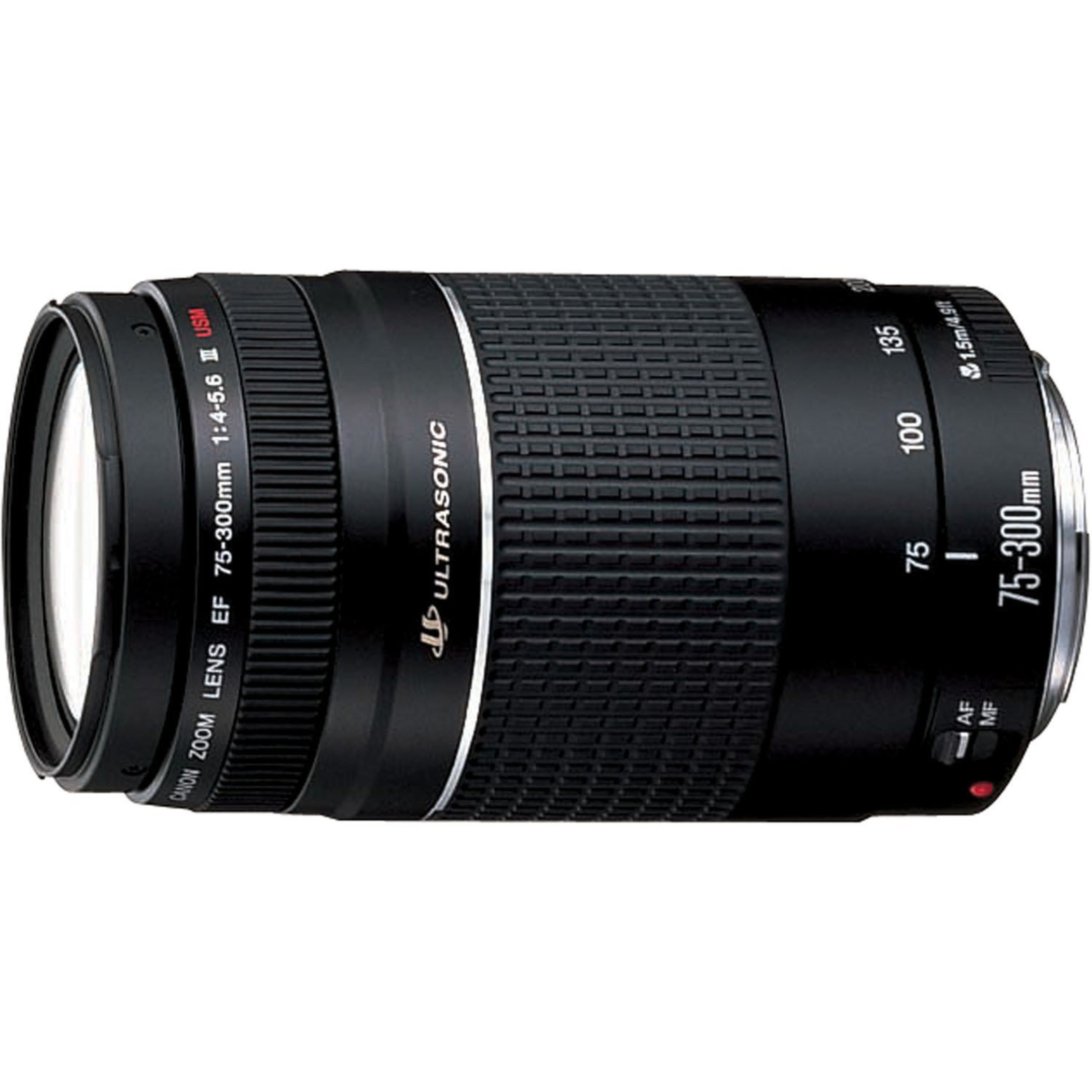 Schwarzes Canon Zoom-Objektiv EF 75-300mm mit Fokusring und Zoomring.
