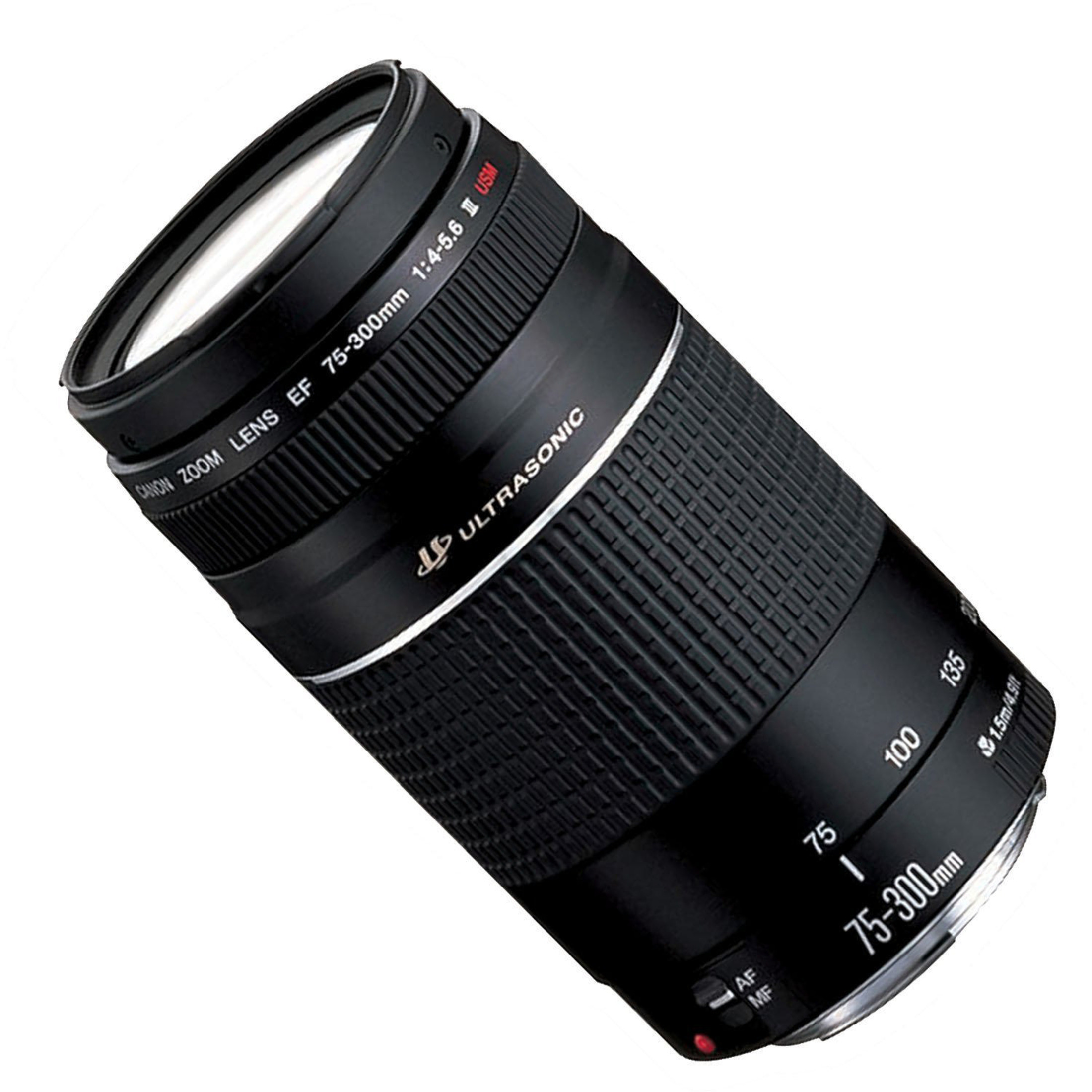 Ein schwarzes Canon Zoom-Objektiv mit der Aufschrift EF 75-300mm.