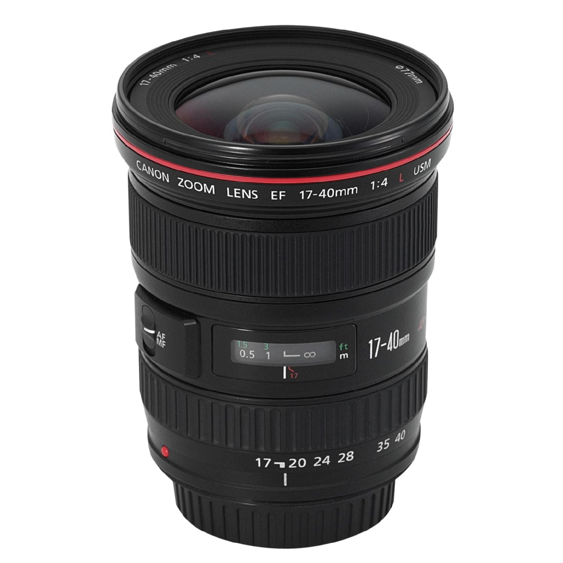 Obiettivo zoom Canon EF 17-40mm 1:4 L USM nero con scala di messa a fuoco.