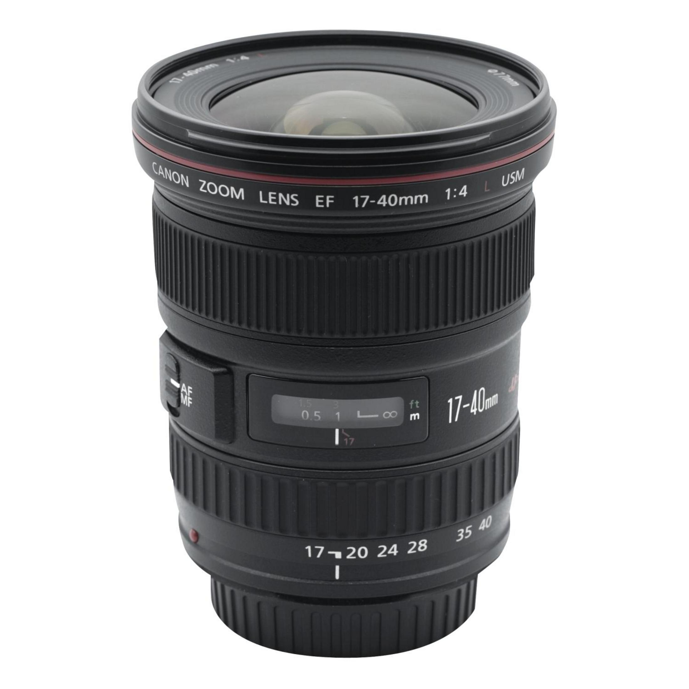 Un obiettivo Canon Zoom EF 17-40mm f/4 L USM nero con anelli di messa a fuoco e zoom.