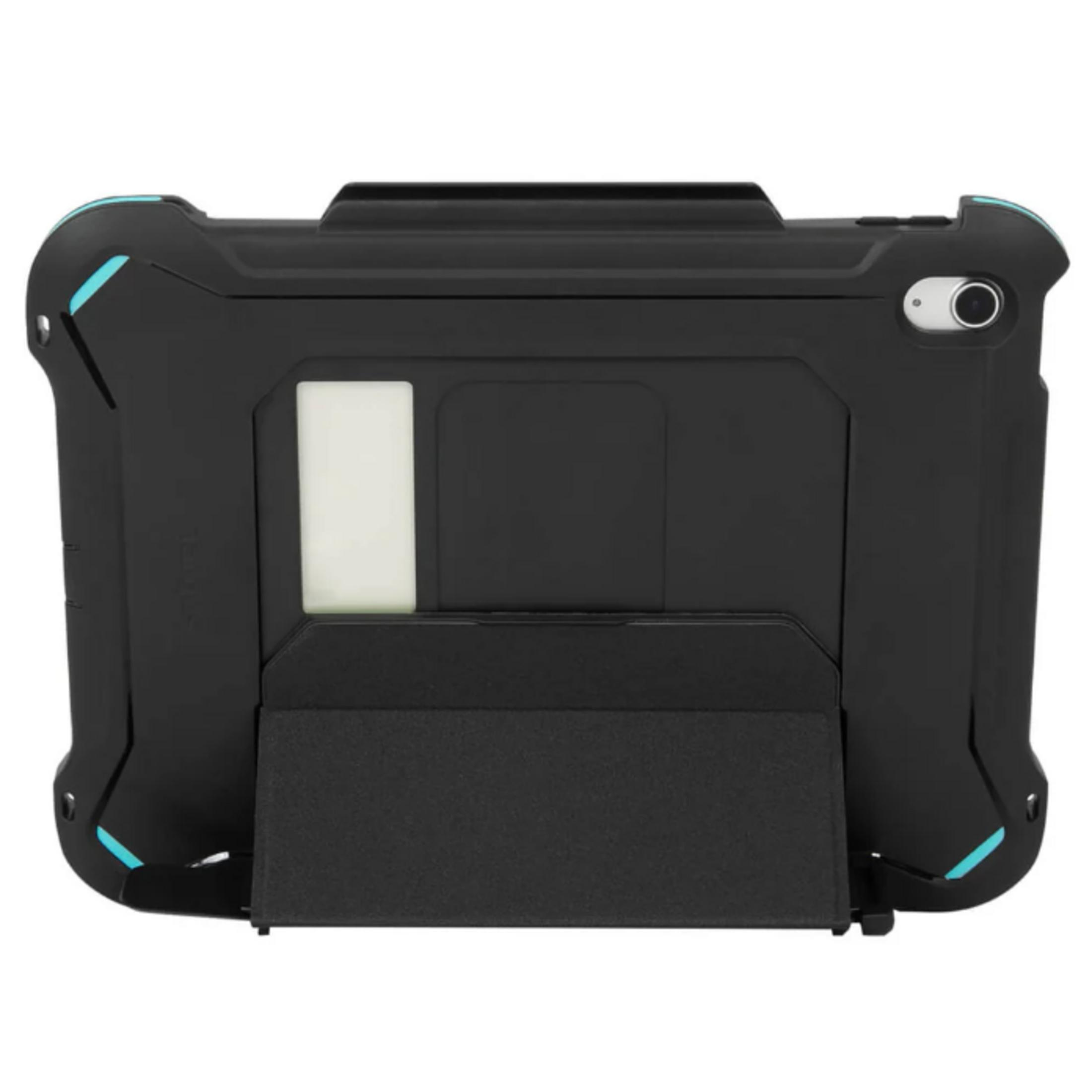 Funda negra para tableta con soporte y detalles azules.