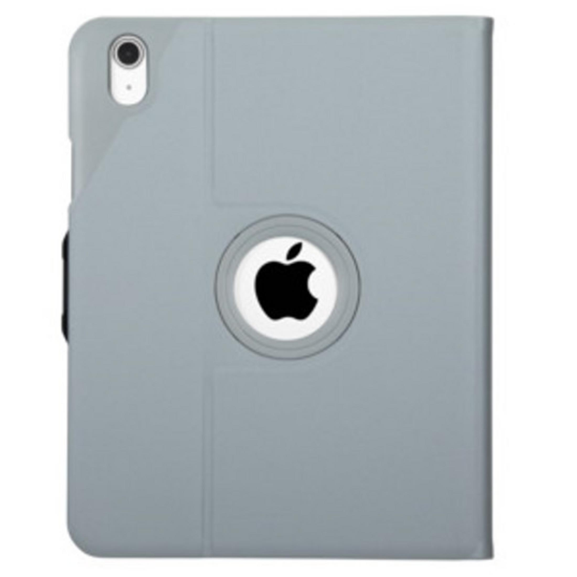 Étui gris avec logo Apple et découpe caméra, sur fond blanc.