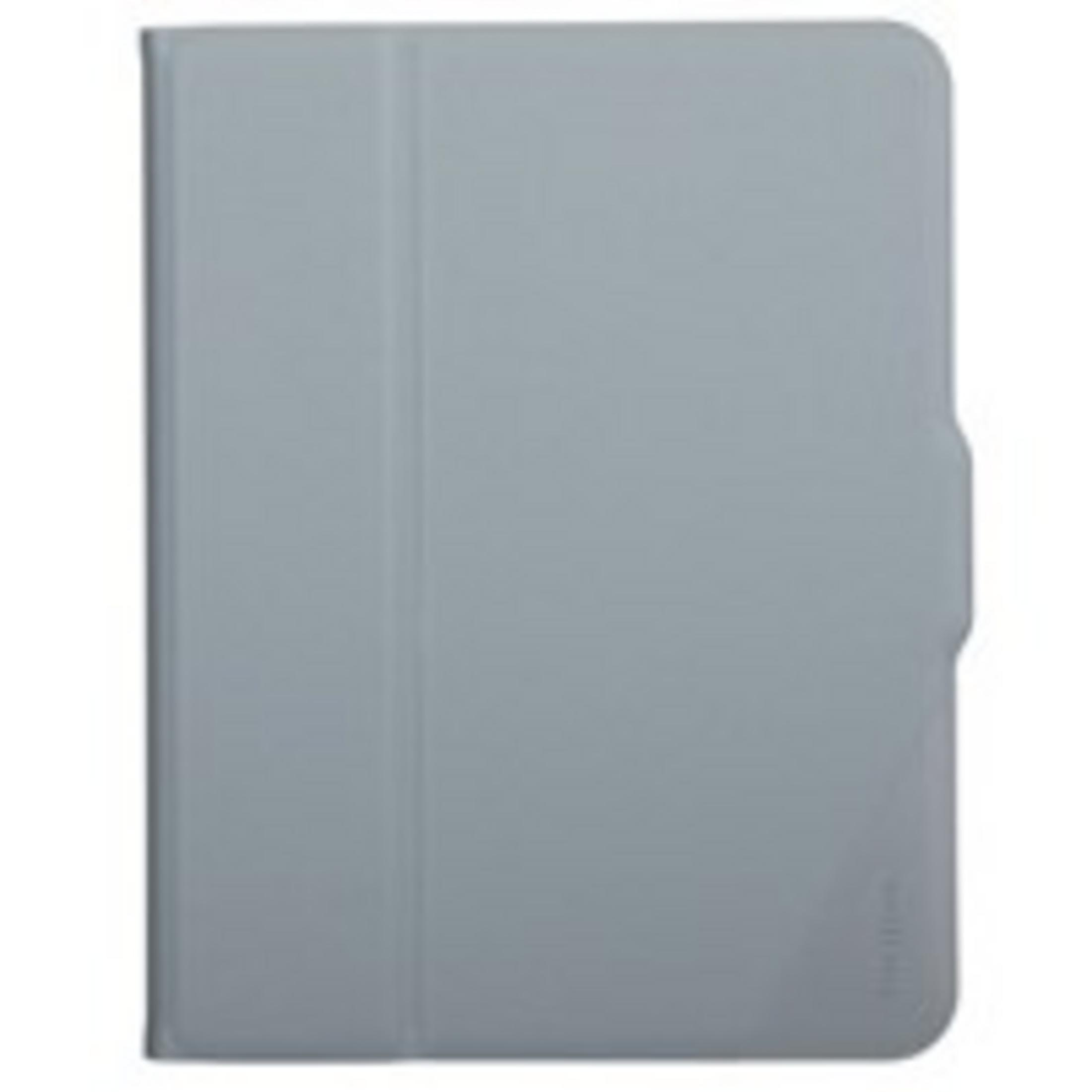 Étui de tablette gris fermé avec couture verticale et coins arrondis.
