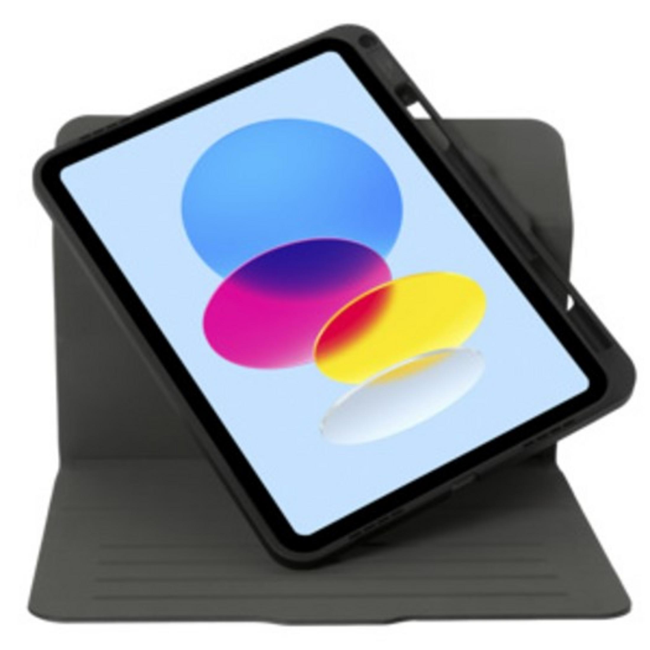 Une tablette grise dans un étui, affichant un fond coloré sur son écran.