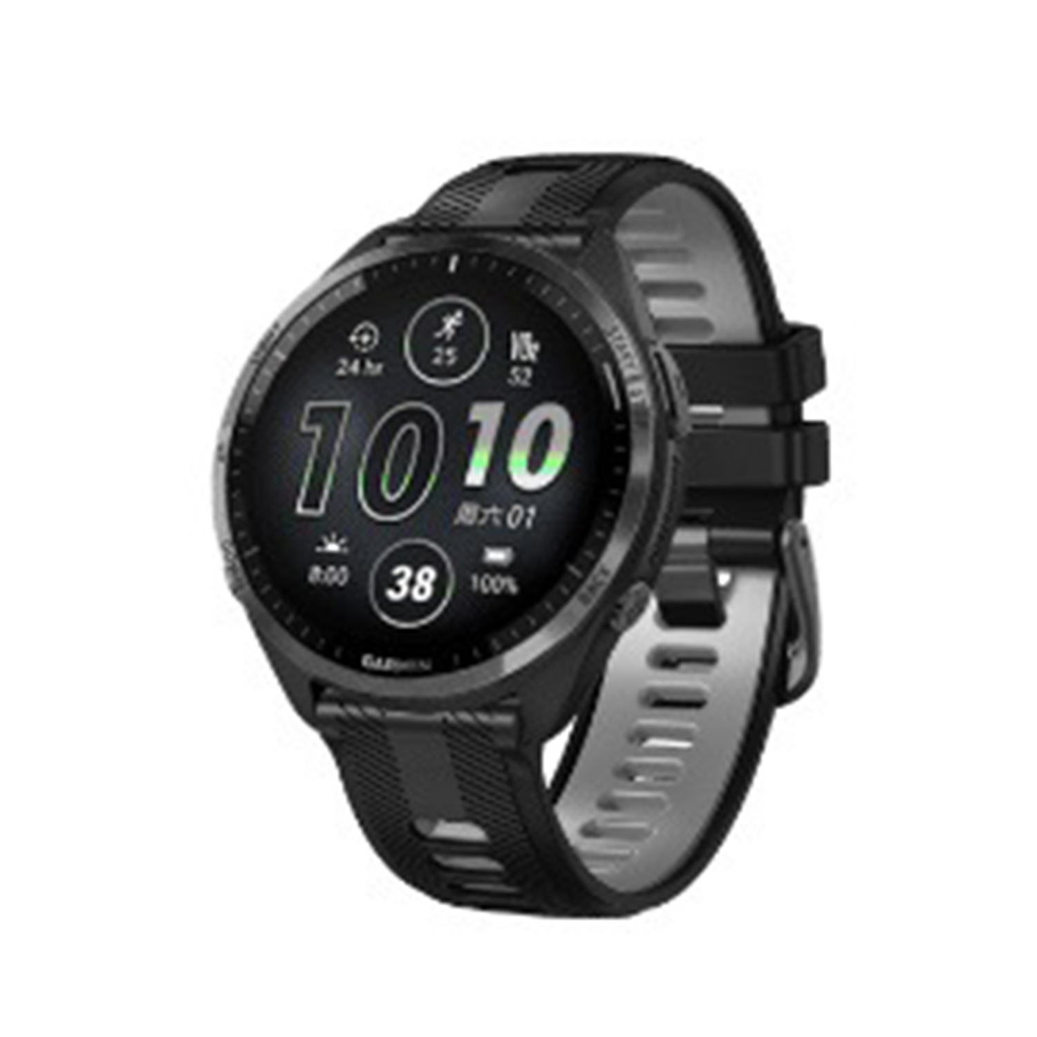 Czarny smartwatch Garmin wyświetlający 10:10, 38 i 100% na ekranie.