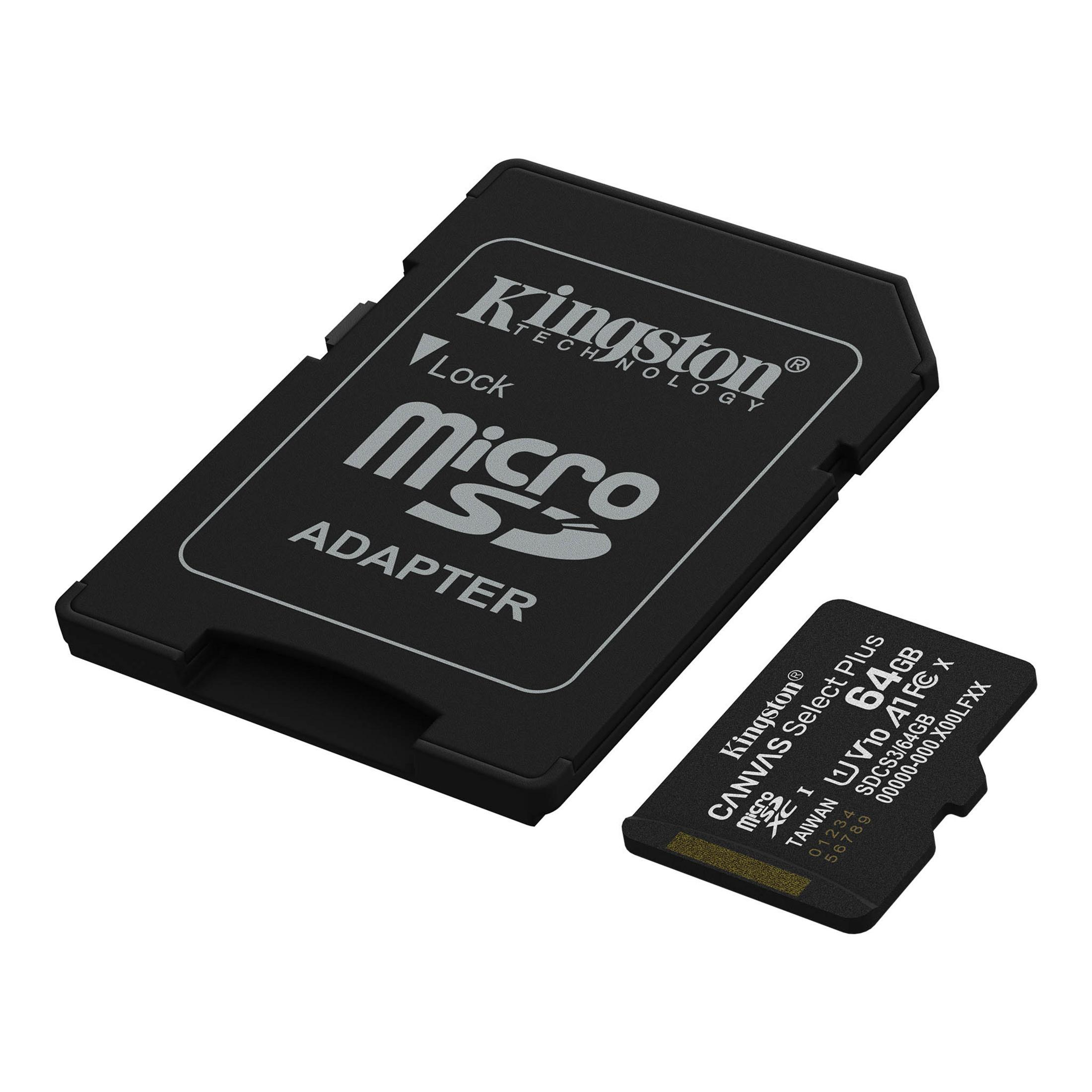 Ein schwarzer MicroSD-Kartenadapter und eine 64GB Kingston MicroSD-Karte.