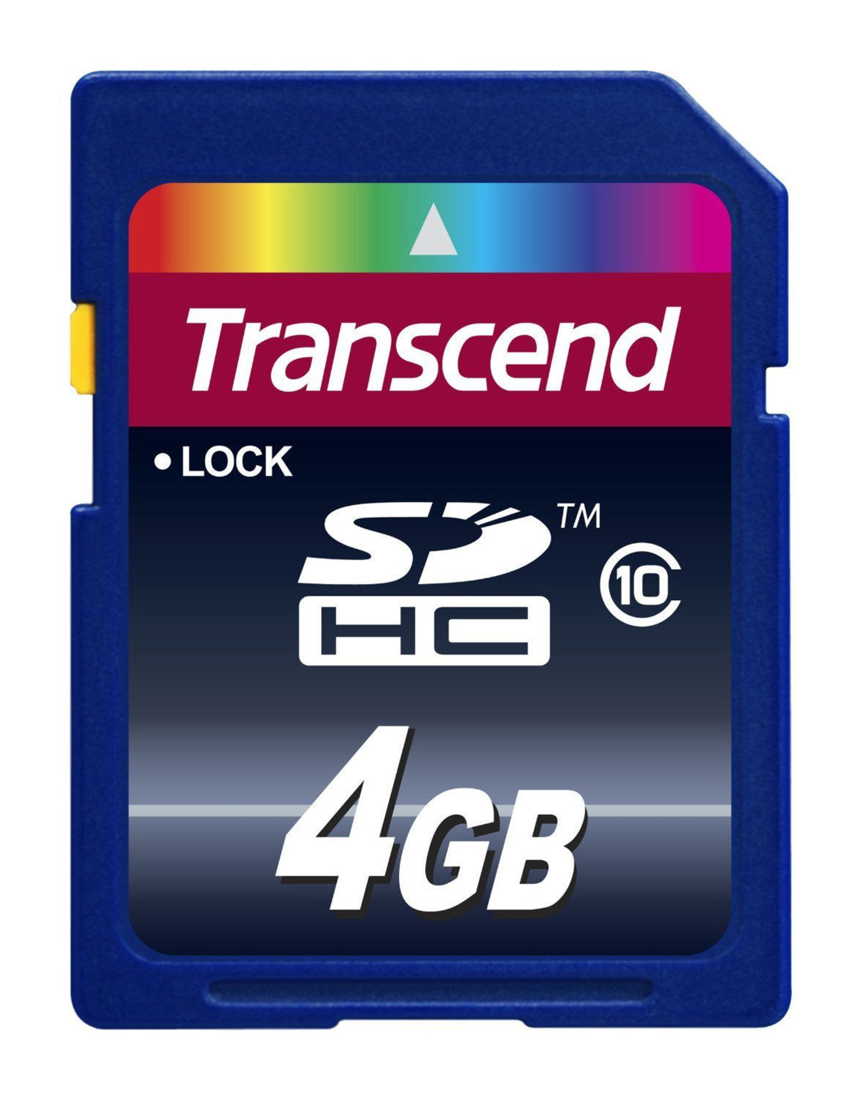 Blaue SDHC-Speicherkarte mit 4GB, Transcend-Logo, Regenbogenband und 'LOCK'-Symbol.