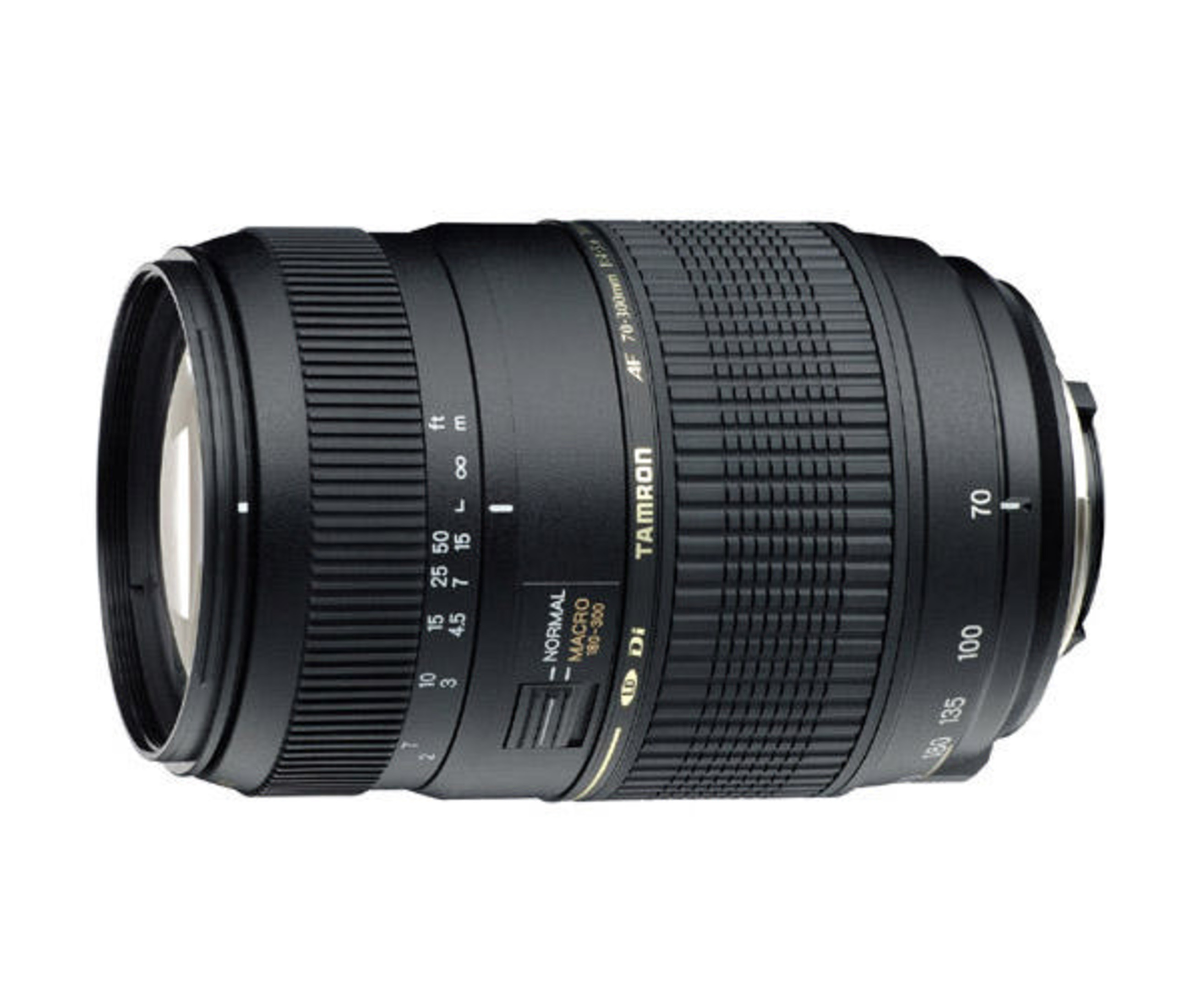 Ein schwarzes Tamron AF 70-300mm Makro-Objektiv mit Zoom- und Fokusringen.