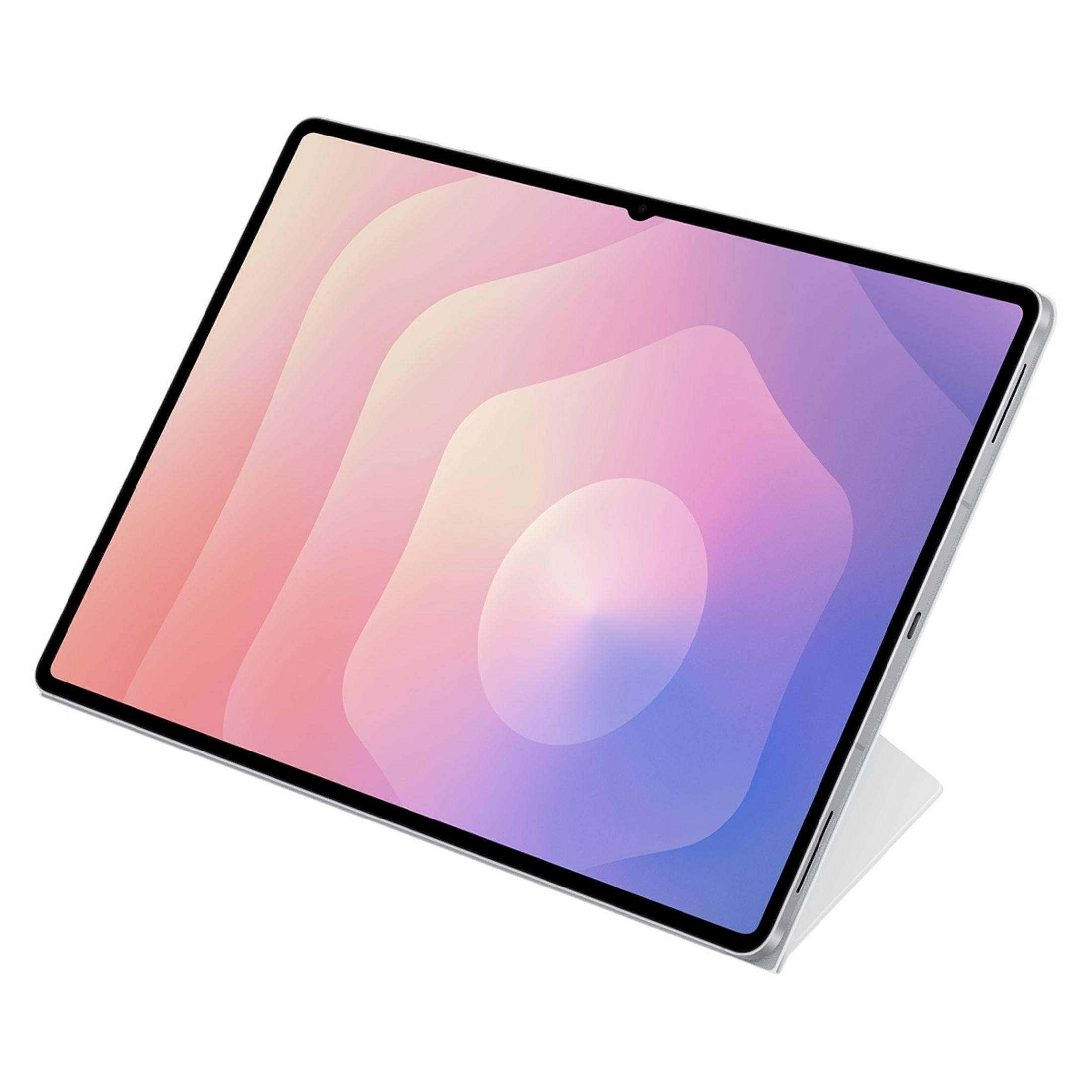Srebrny tablet z różowo-fioletowym gradientem na ekranie.