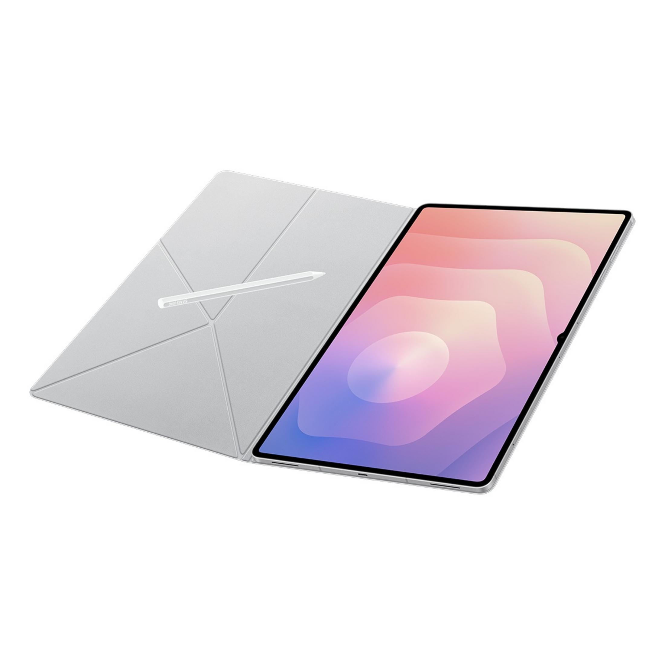 Srebrny tablet ze stylusem i kolorowym ekranem.