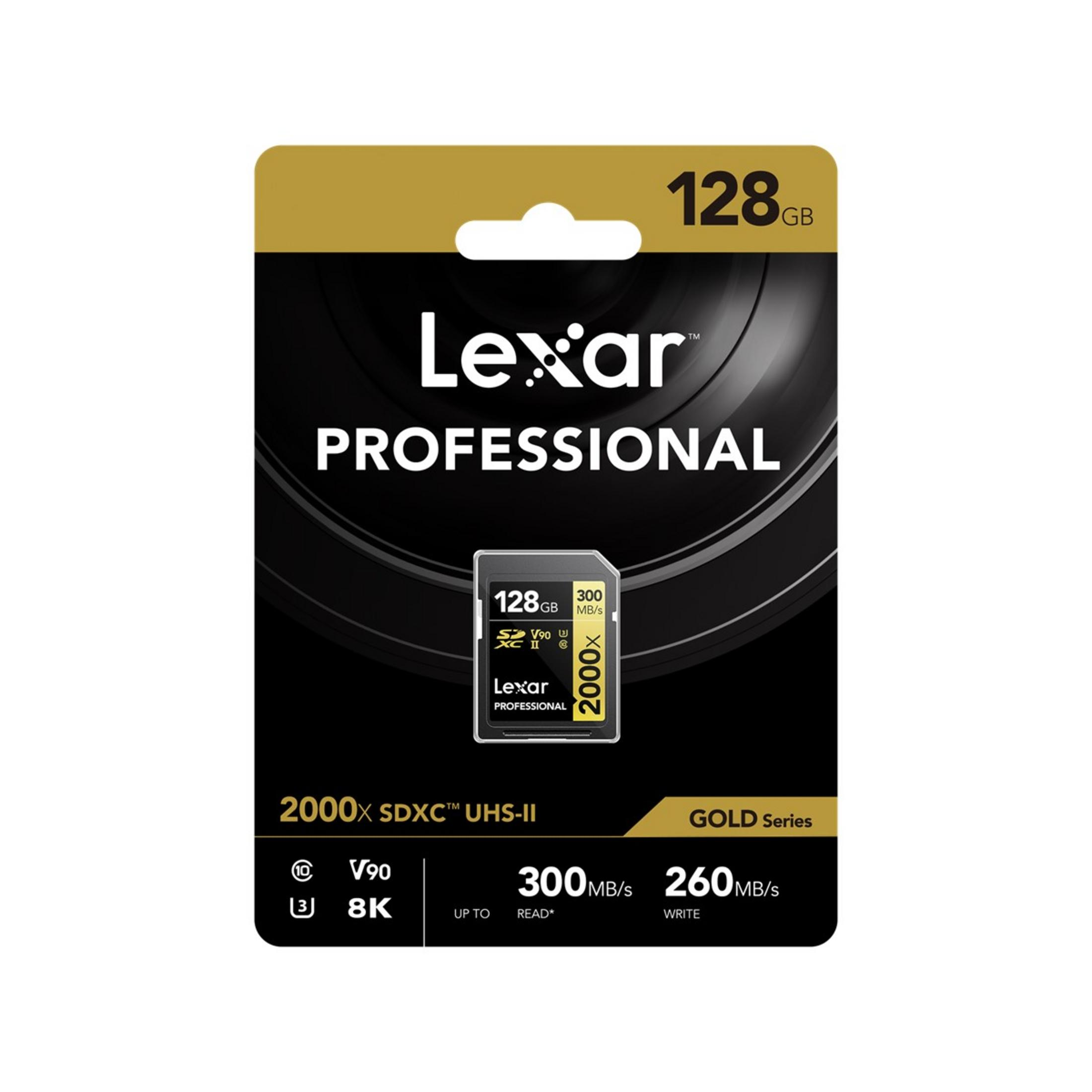 Carte mémoire Lexar Professional 128GB SDXC UHS-II Gold Series avec lecture 300MB/s.