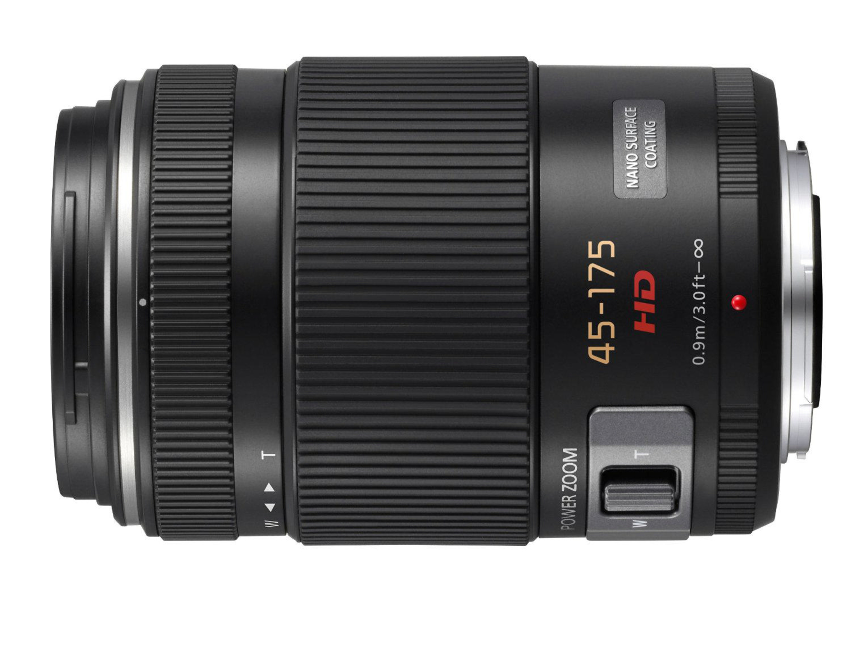 Schwarzes Kameraobjektiv mit Zoom- und Fokusringen, beschriftet mit 45-175 HD.