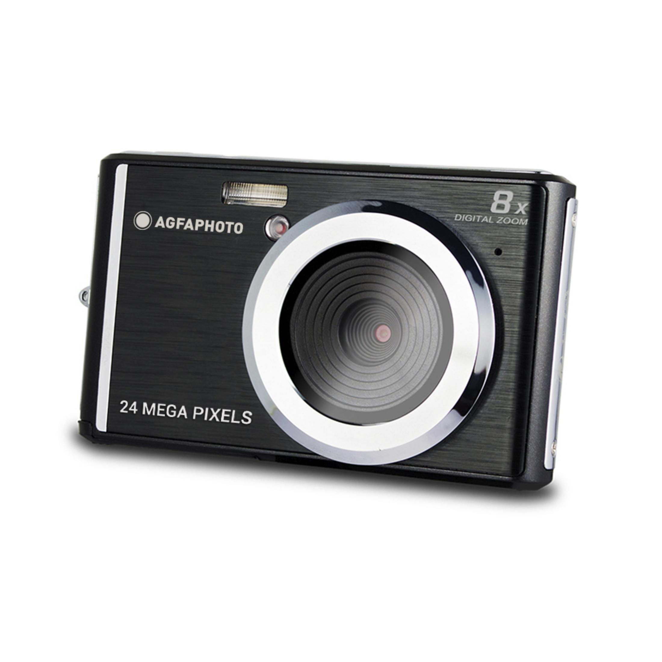 Una cámara digital negra de 24 megapíxeles y zoom digital 8x.
