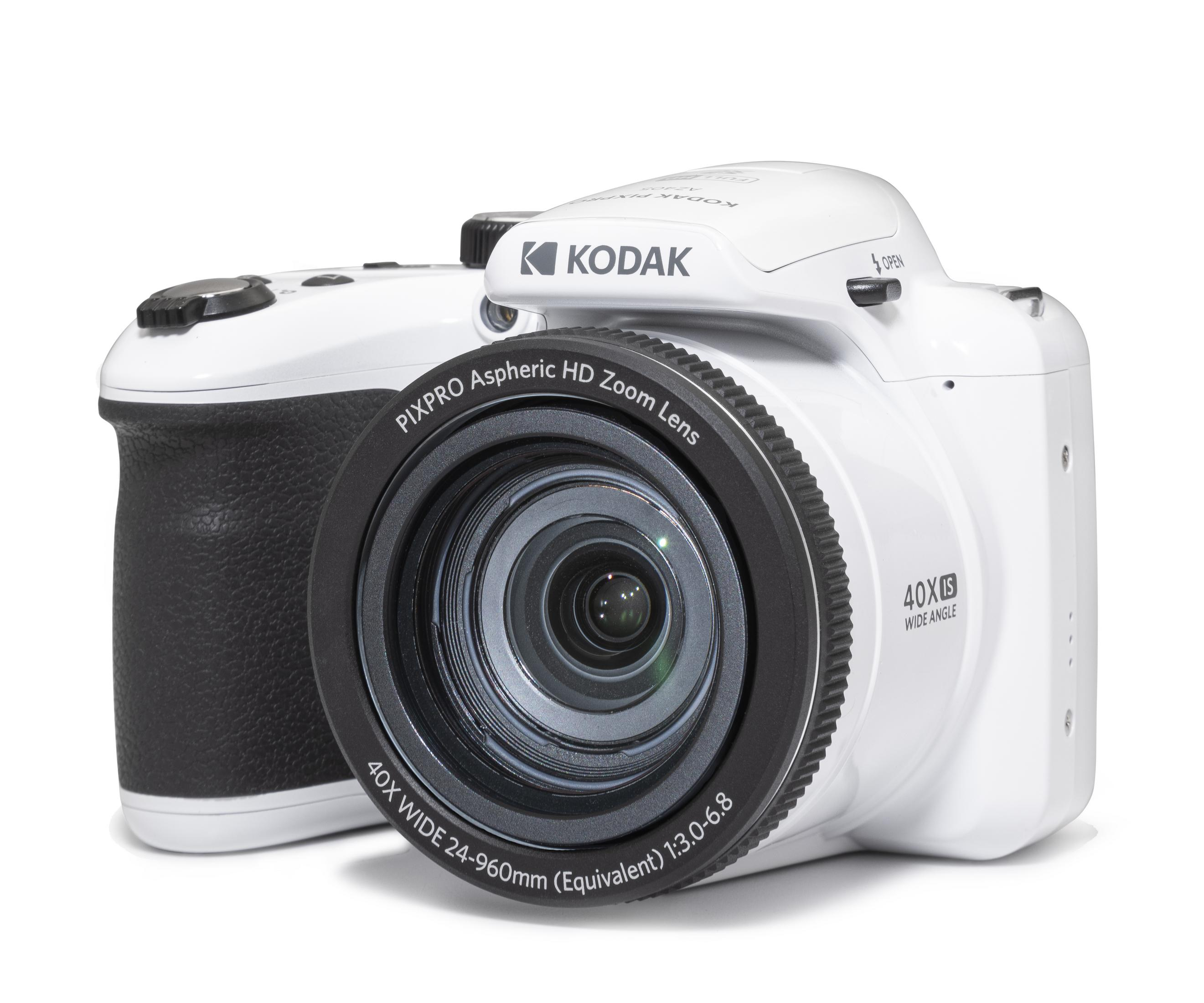 Un appareil photo numérique Kodak blanc avec une poignée noire et un zoom 40x.