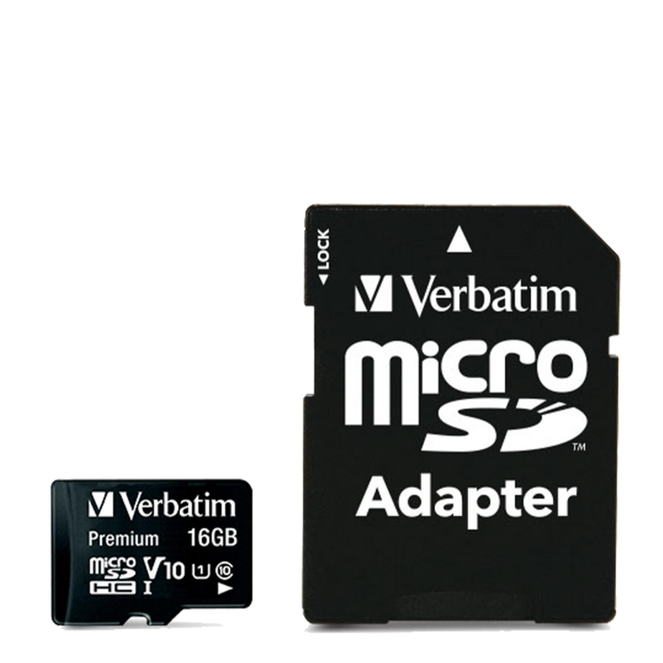 Czarny adapter MicroSD i karta MicroSD Verbatim 16GB.