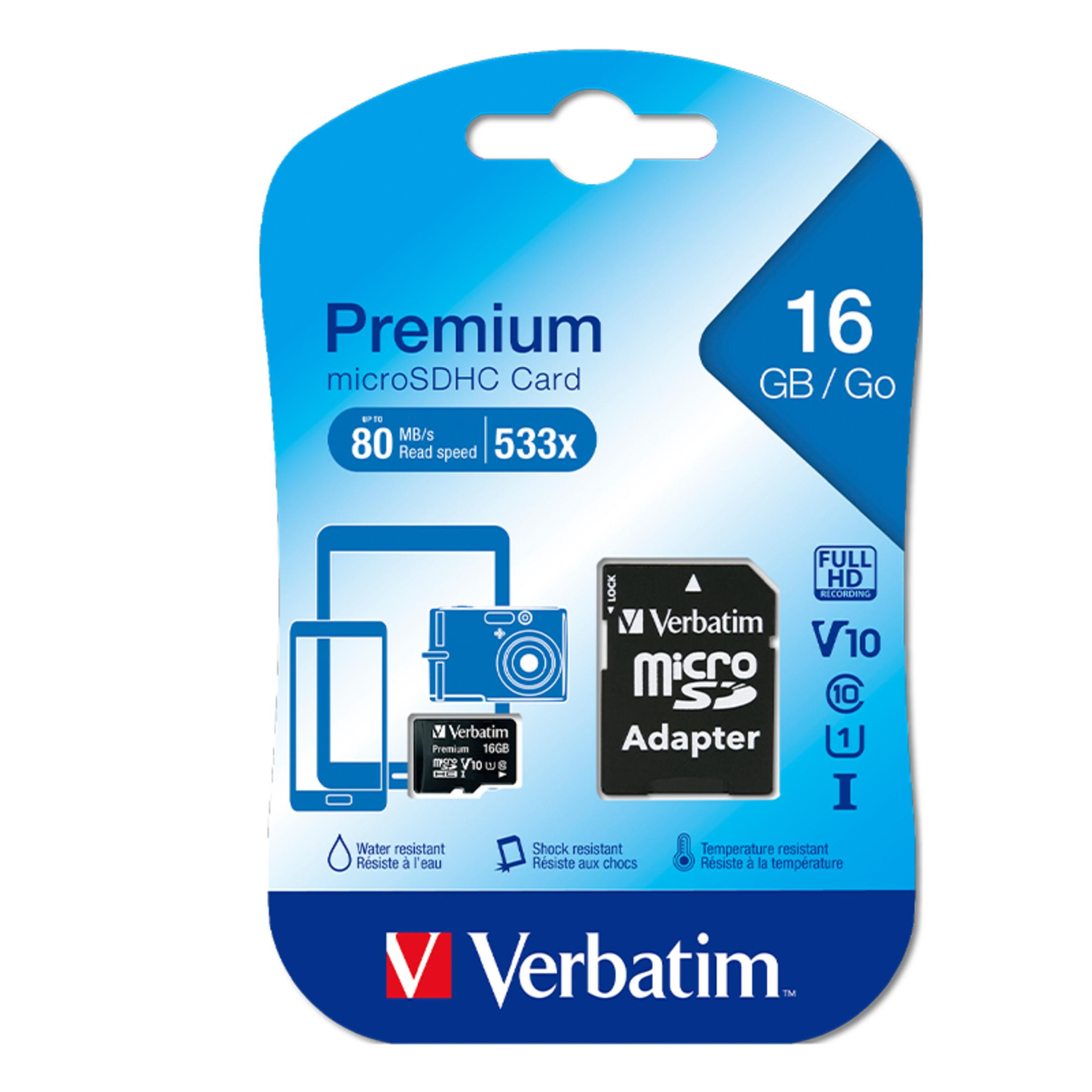 Karta Verbatim Premium microSDHC 16GB z adapterem, V10, Full HD.