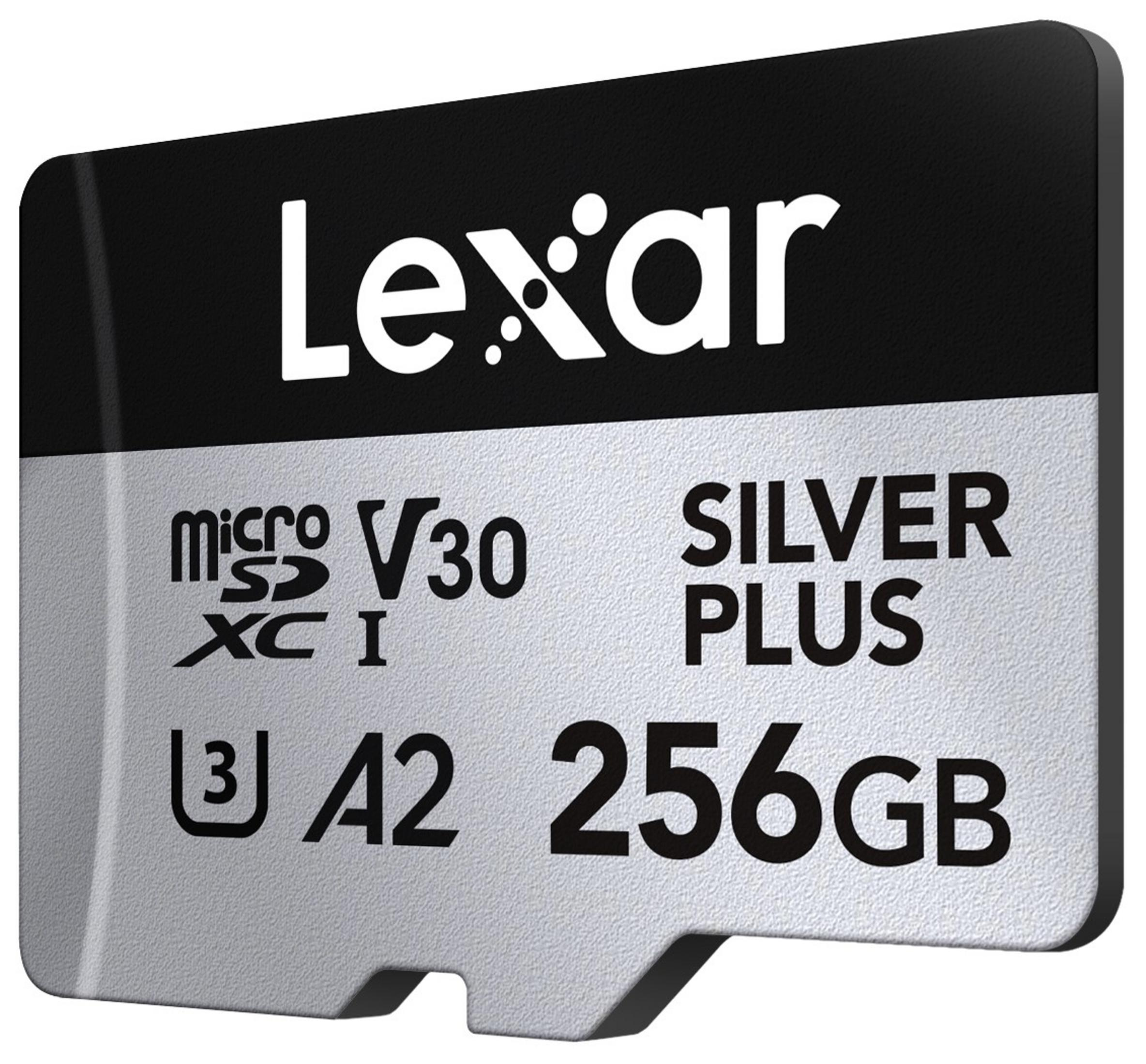 Scheda Lexar microSDXC 256GB Silver Plus con valutazioni V30 e A2.