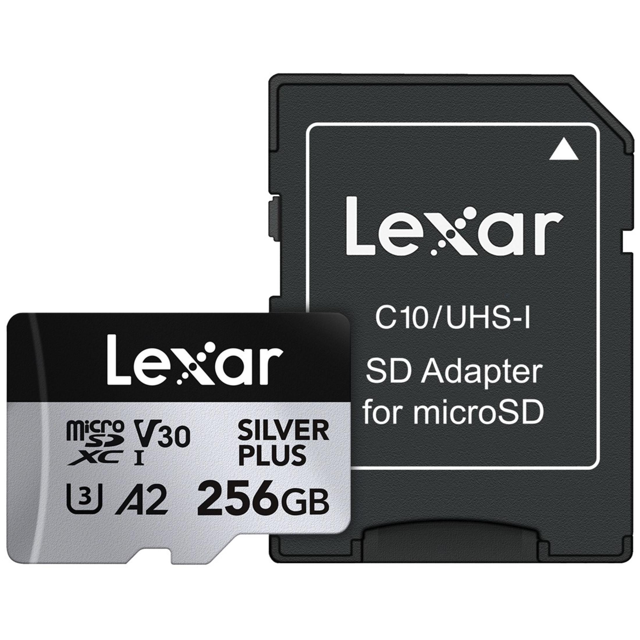 Scheda microSDXC Lexar da 256GB con adattatore SD, argento e nero.
