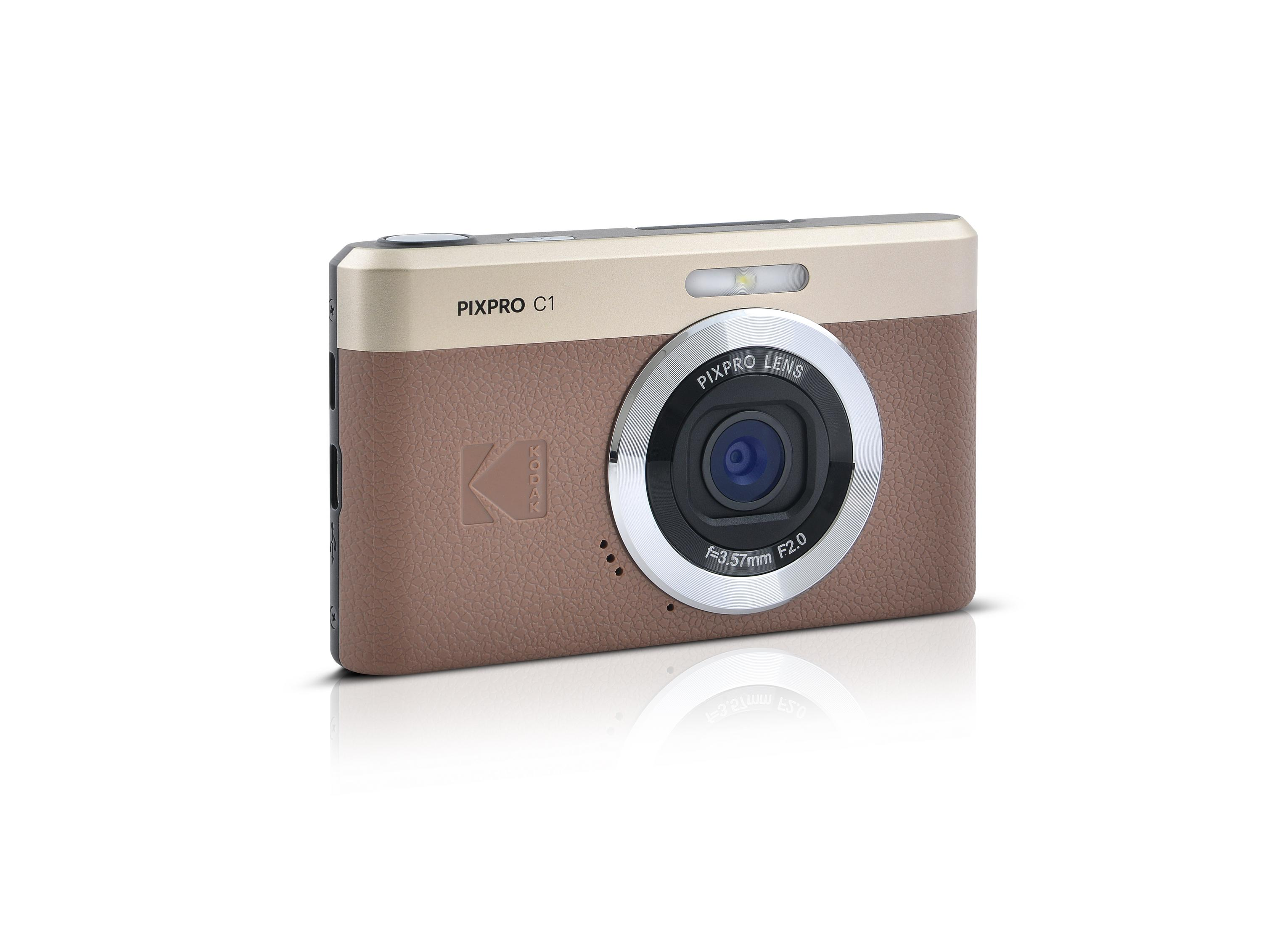 Złoty i brązowy aparat cyfrowy z napisem "PIXPRO C1".