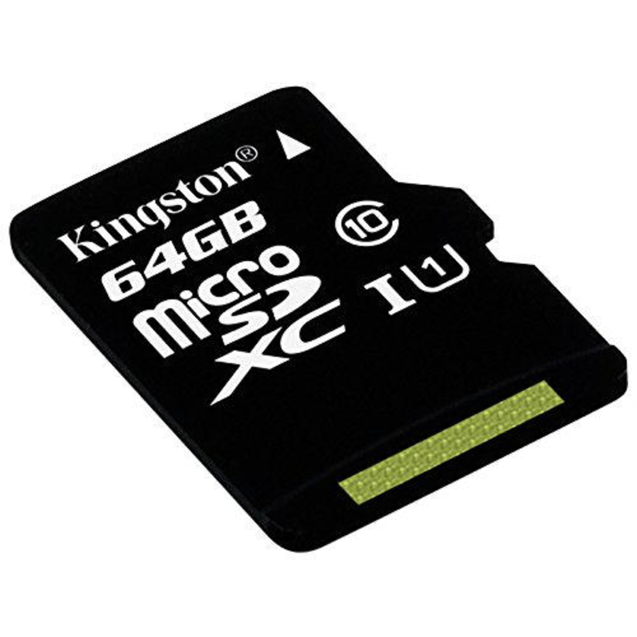 Scheda Micro SD nera con marchio Kingston 64GB e una striscia verde.