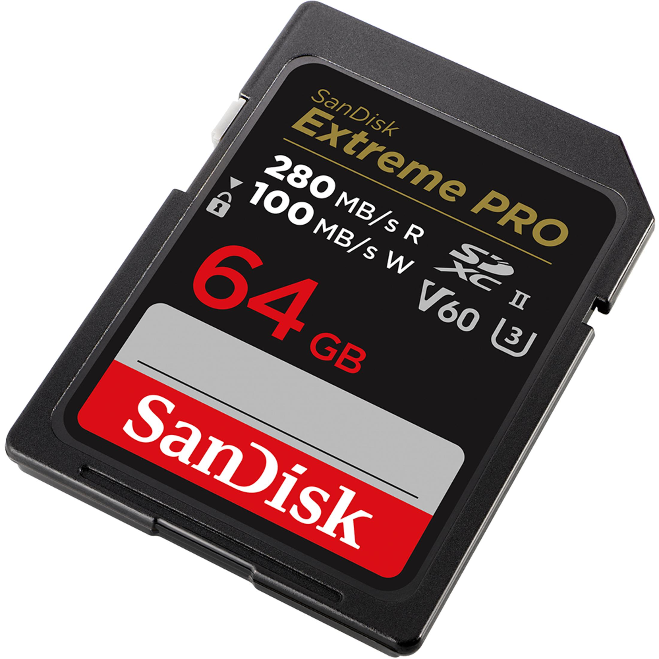 Karta pamięci SanDisk Extreme PRO 64GB SDXC z prędkością odczytu 280MB/s i zapisu 100MB/s.