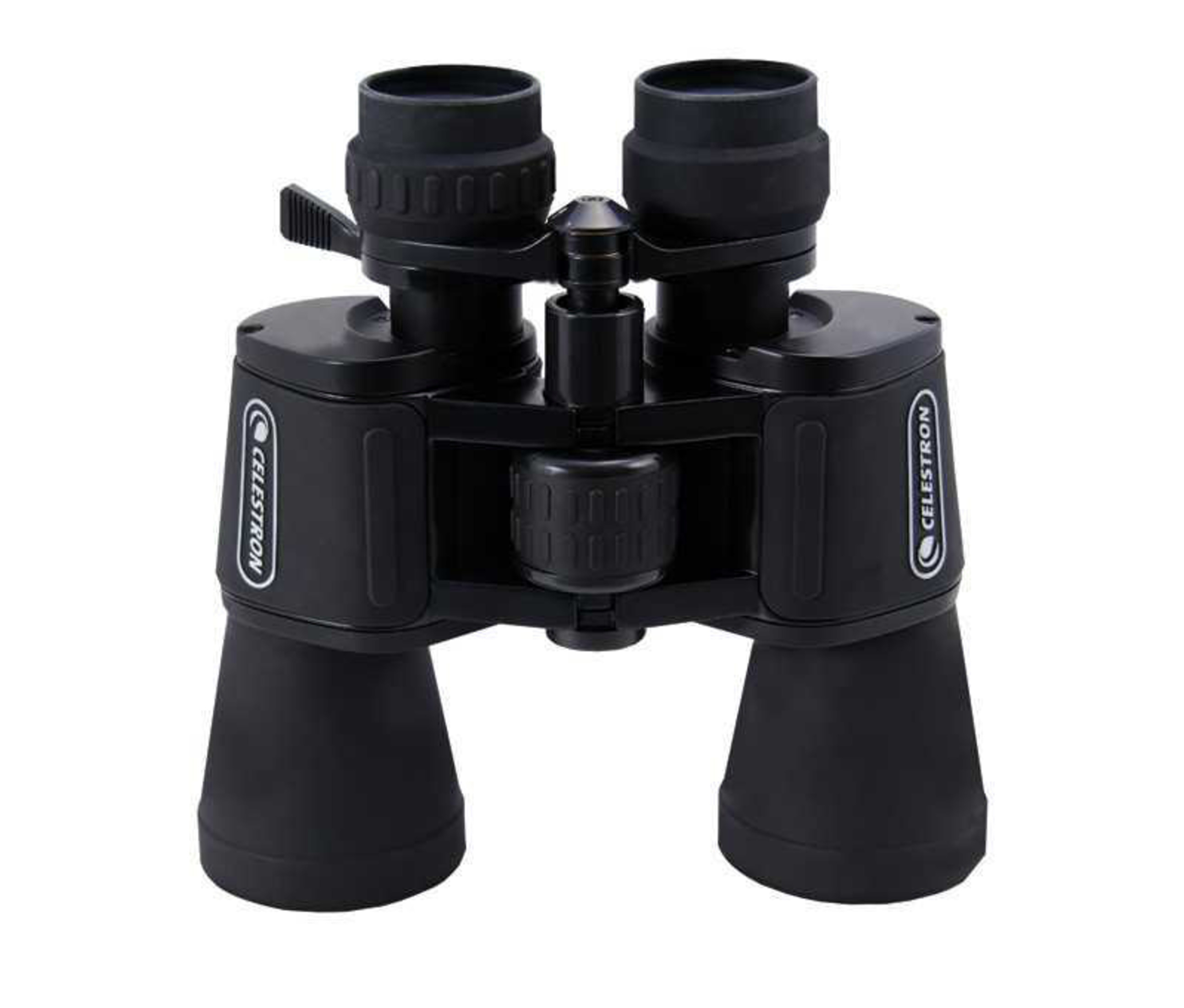 Prismáticos Celestron negros con rueda de enfoque y bisagra de correa.