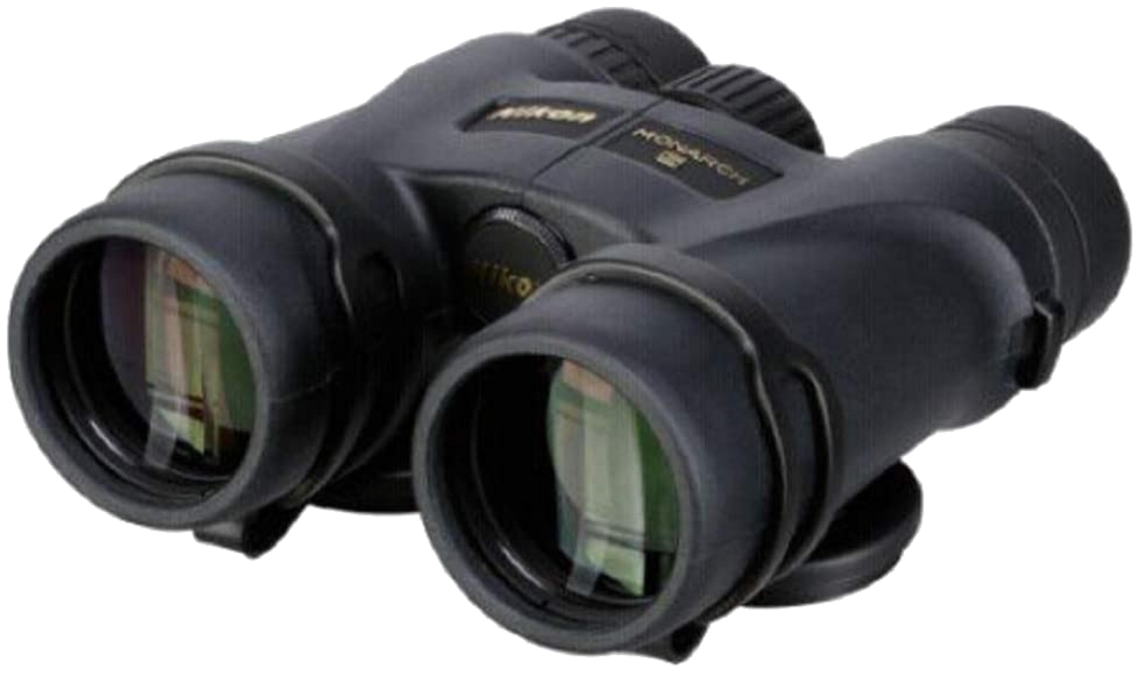 Schwarze Nikon Monarch Ferngläser mit Fokusrad und Objektivdeckeln.