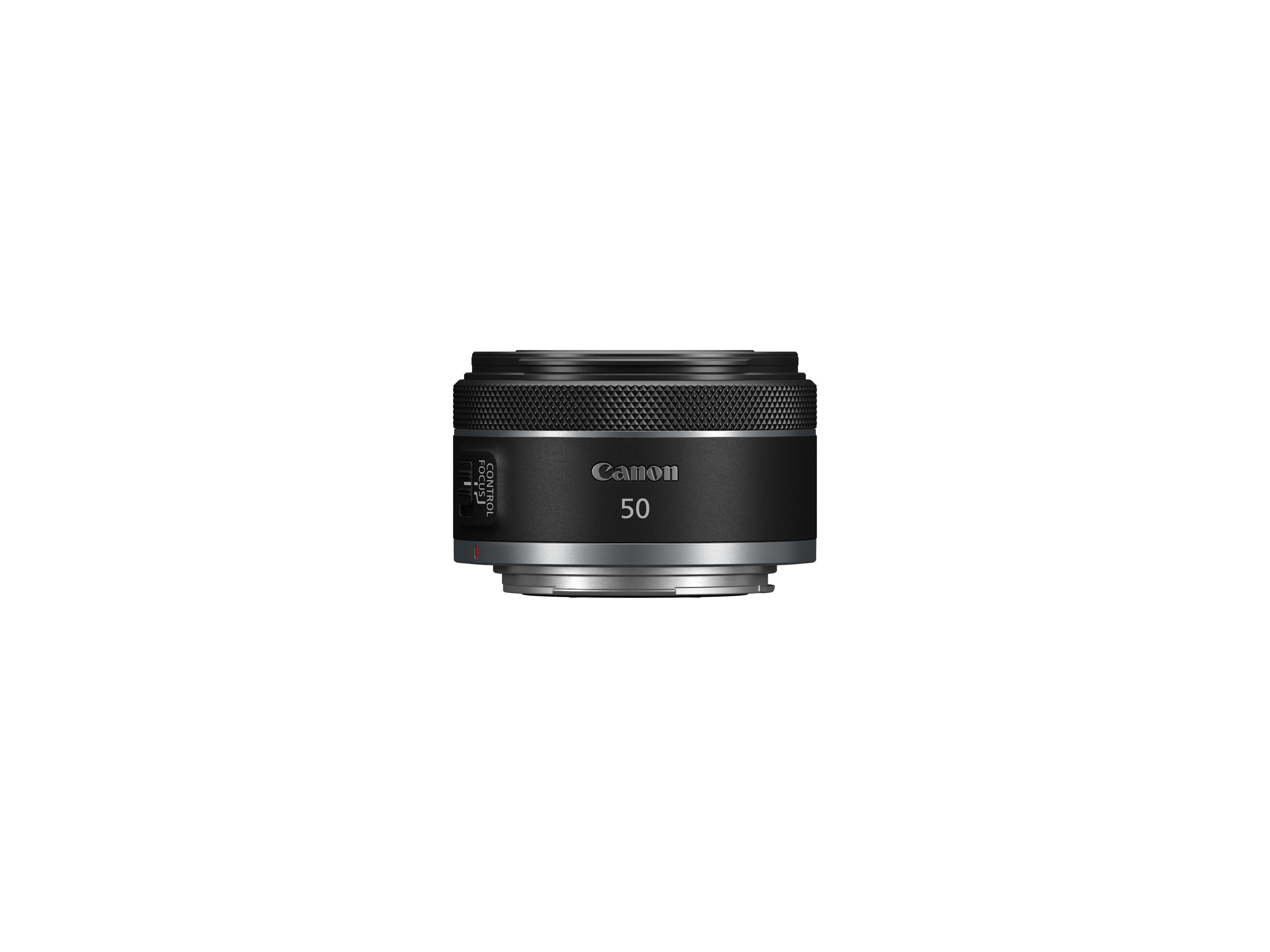 Lente Canon 50mm negra con anillo plateado e interruptores.