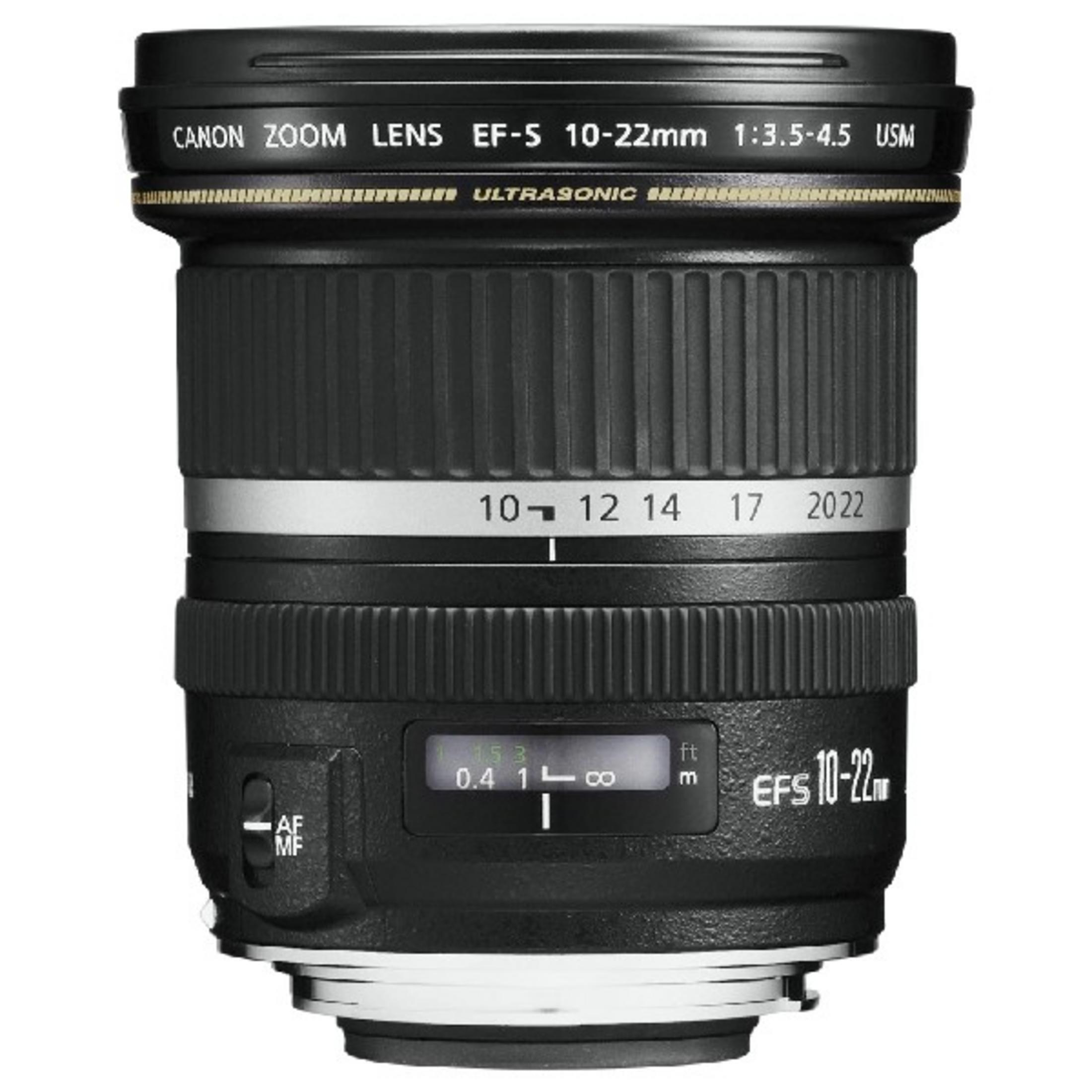 Lente zoom Canon EF-S 10-22mm con marcas de distancia e interruptor de enfoque.
